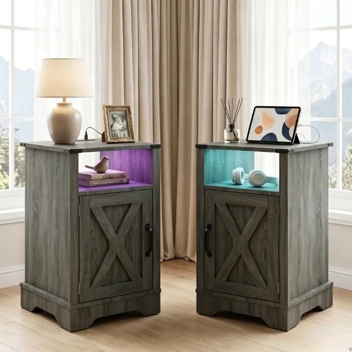 Farmhouse Nightstand With Led Lights And Charging Station Set Of 2