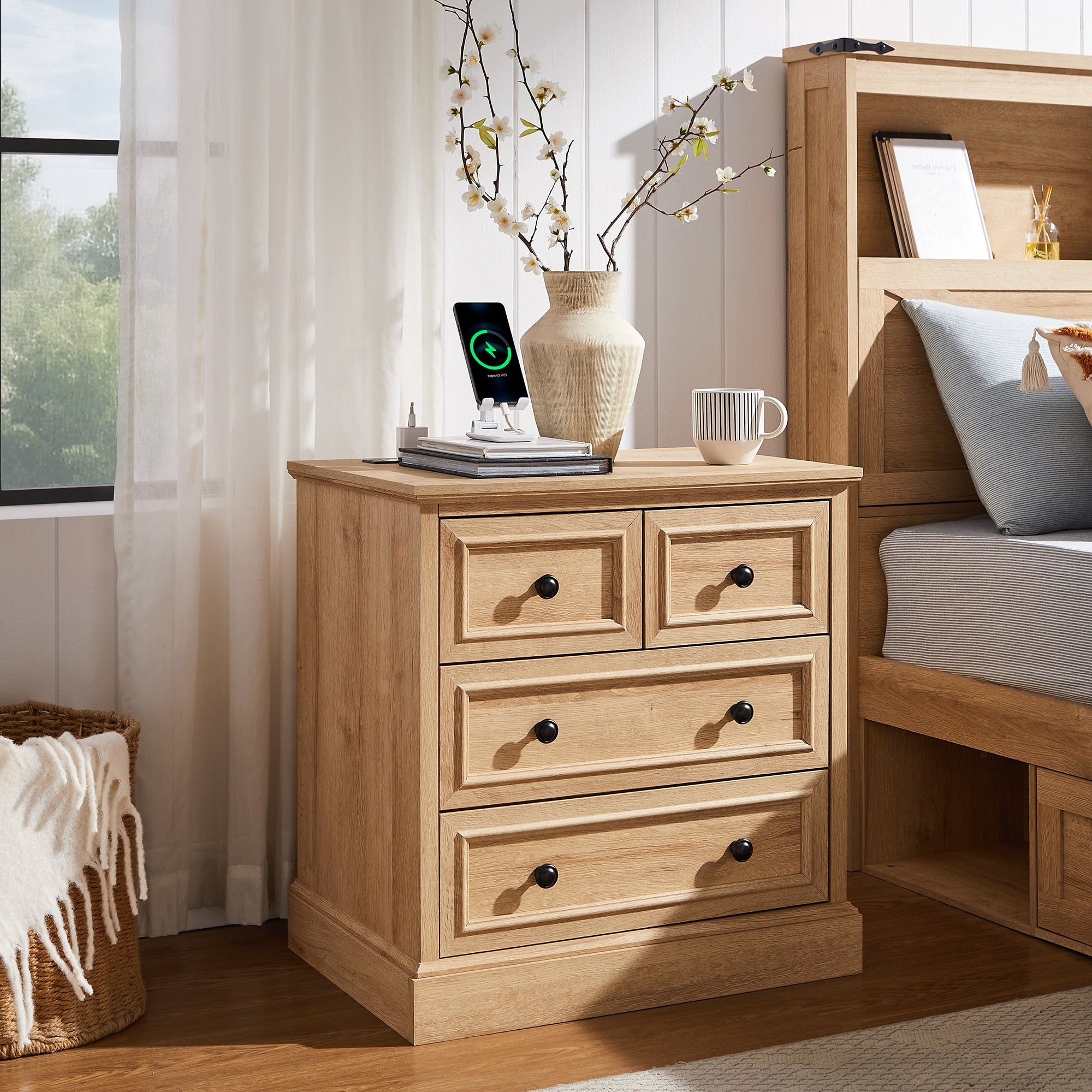 Farmhouse Nightstand With 4 Drawers End Table With Charging Station