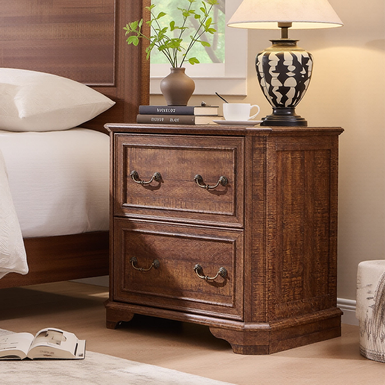 Farmhouse Nightstand With Charging Station End Table With 2 Drawers
