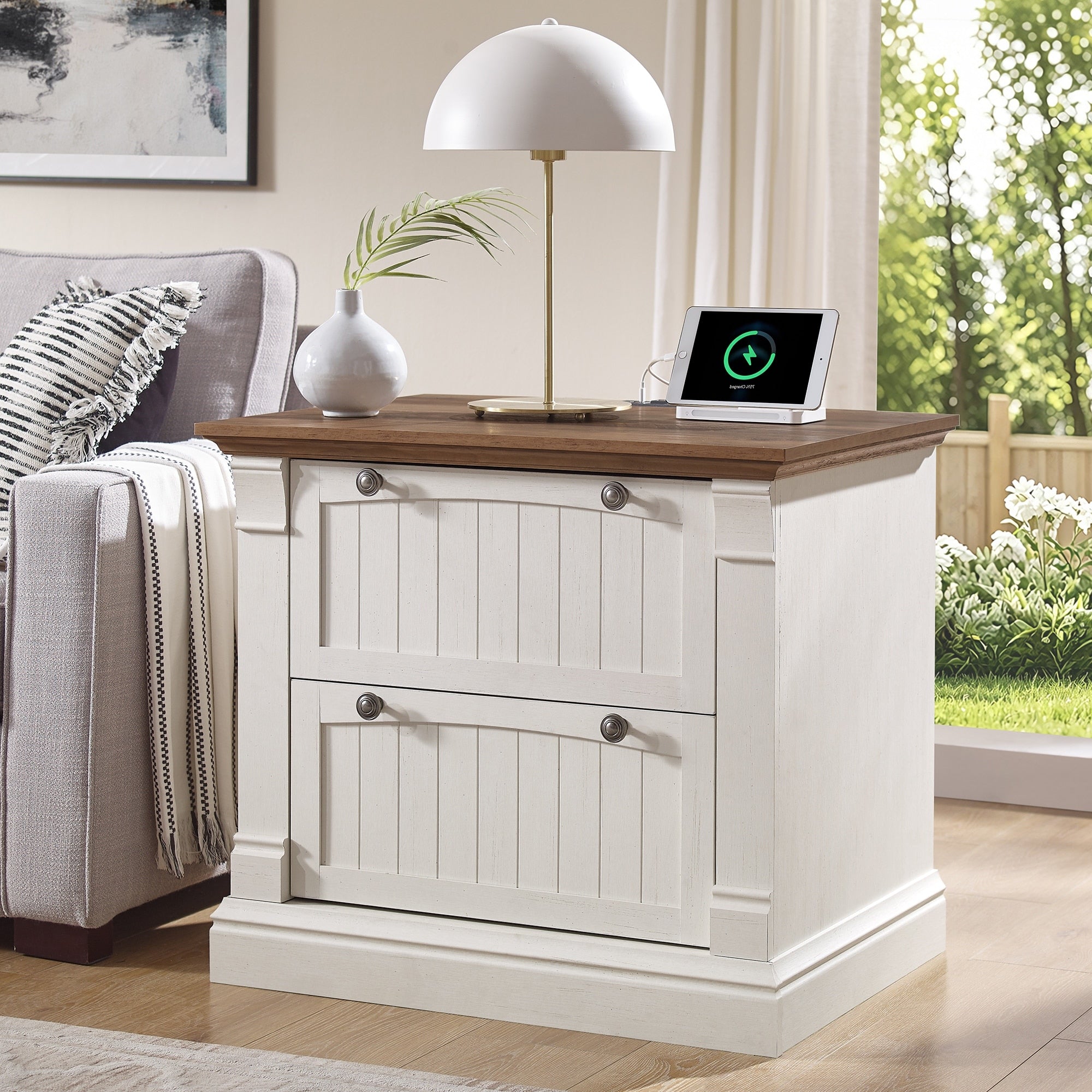Farmhouse Nightstand With Charging Station End Table Side Table