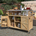 Farmhouse Outdoor Kitchen Island Rolling Bar Cart Storage Cabinet With Stainless Steel Top Spice Rack Towel Rack