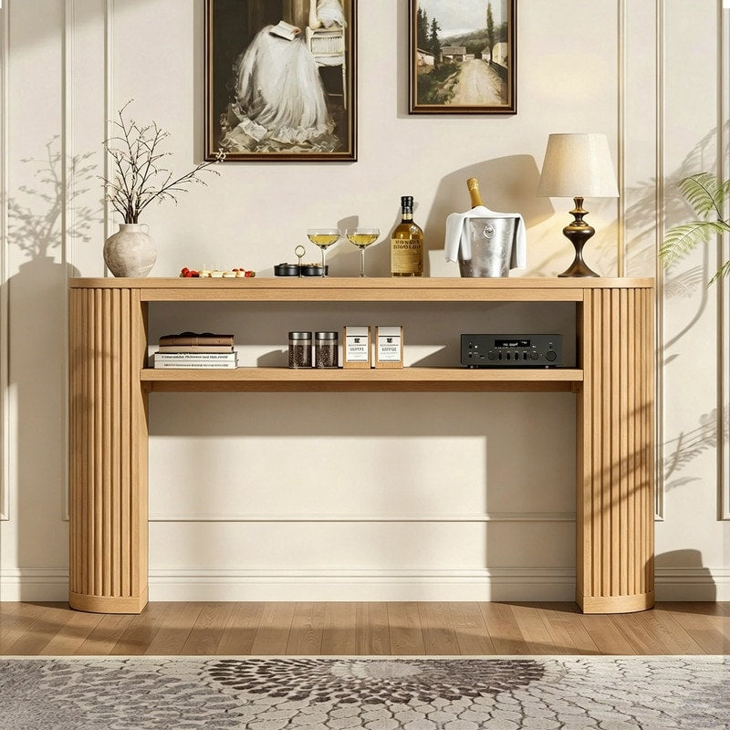 Farmhouse Oval Console Table Accent Table With Open Shelf And Curved Legs For Entryway Hallway