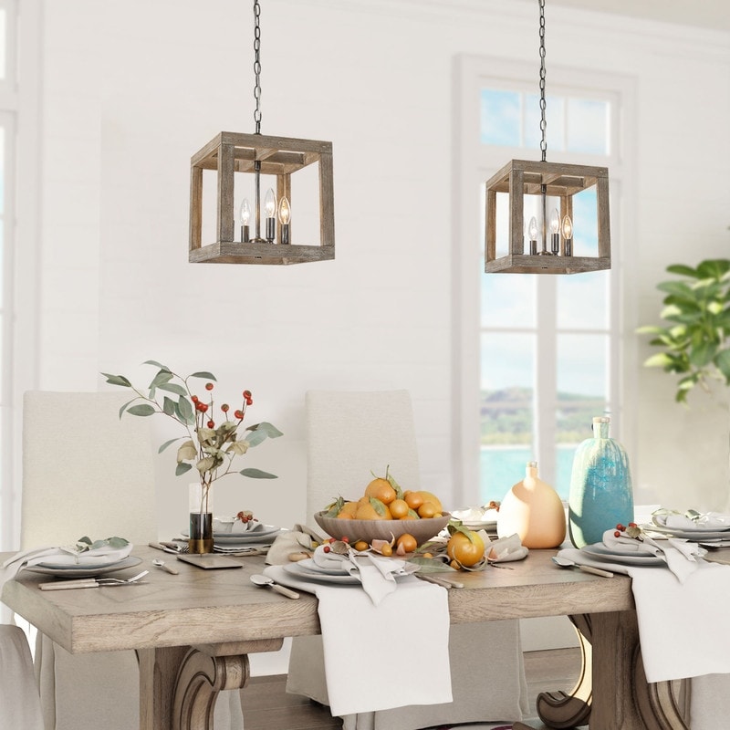 4 Lights Square Wood Pendant Lighting Candle Style Chandelier L11 Xw11 Xh12
