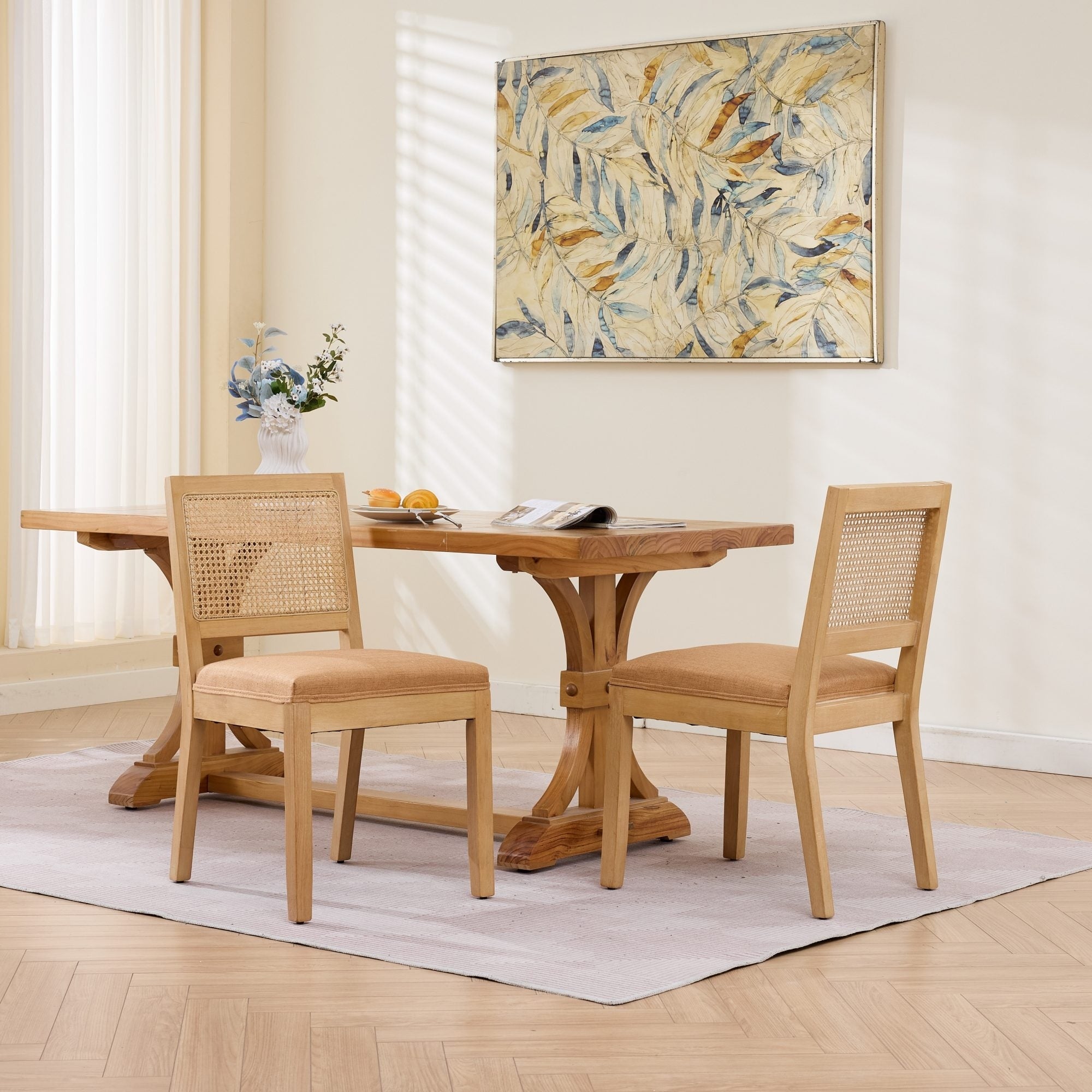 Farmhouse Rattan Dining Chairs Set Of 2 Cane Upholstered Kitchen Side Chair With Natural Hardwood Frame