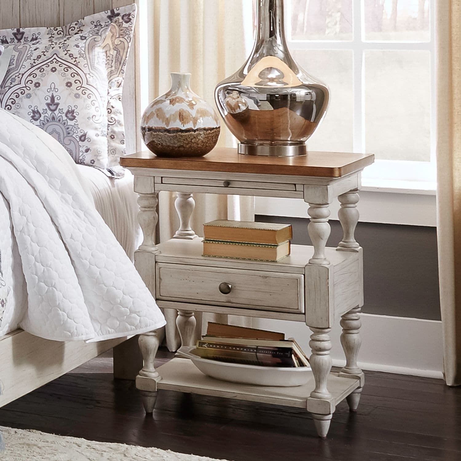 Farmhouse Reimagined Antique White Chestnut Top 1 Drawer Night Stand