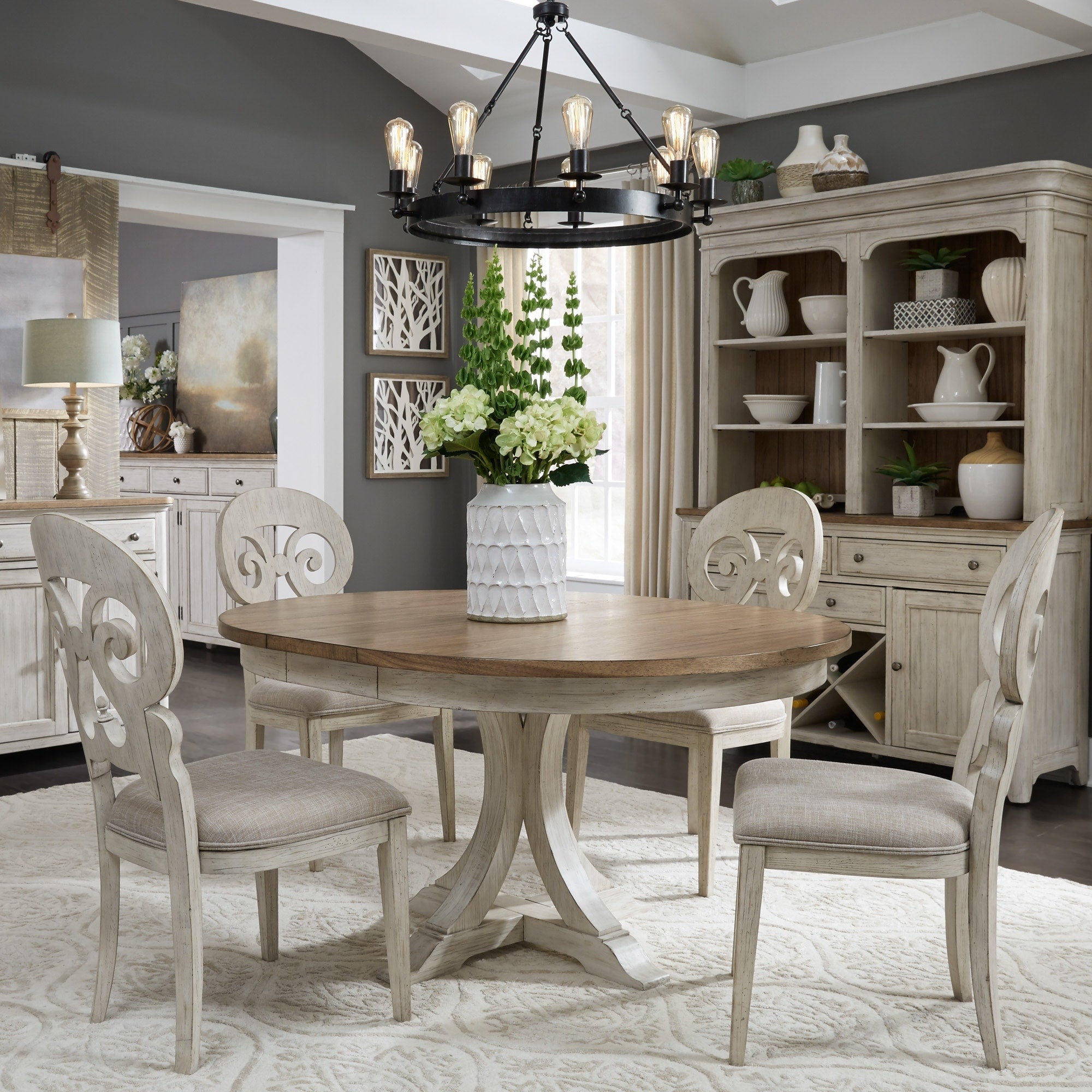 Farmhouse Antique Two Toned 5 Piece Pedestal Table Dining Set
