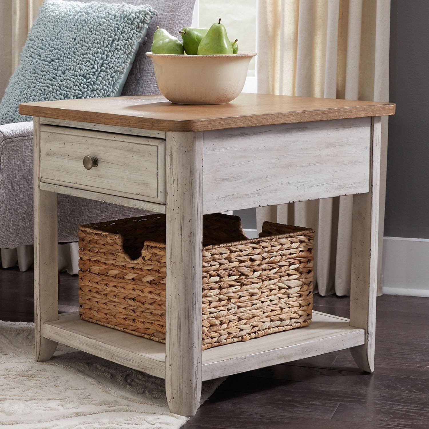 Farmhouse Reimagined Antique White End Table With Basket