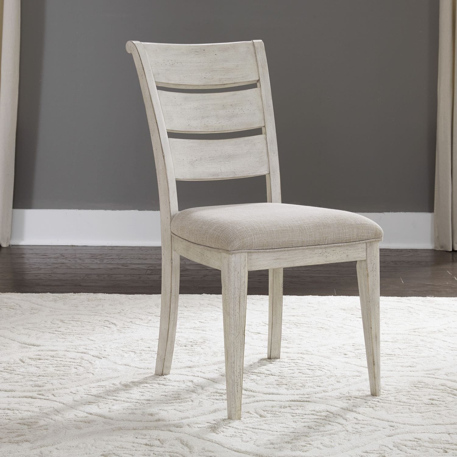 Farmhouse Reimagined Antique White Ladder Back Upholstered Side Chair