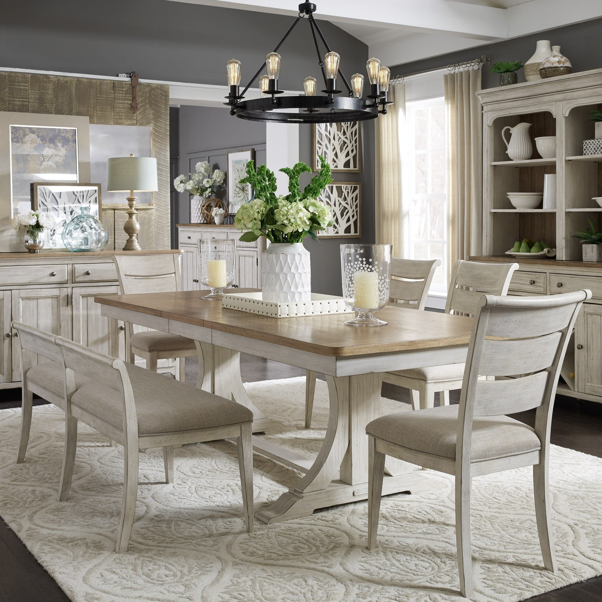The Gray Barn Nettle Bank Antique White Brown 6 Piece Trestle Dining Table Set