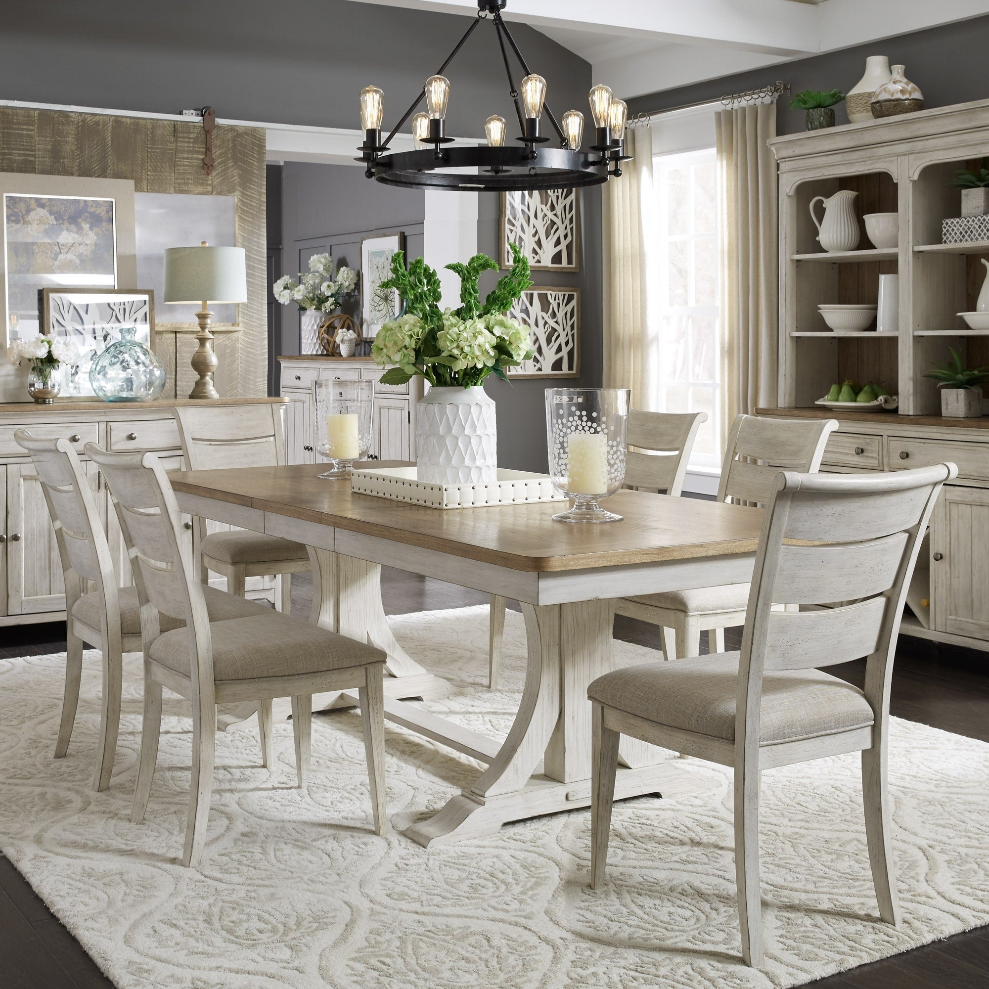 Farmhouse Antique Two Toned Opt 7 Piece Trestle Table Dining Set