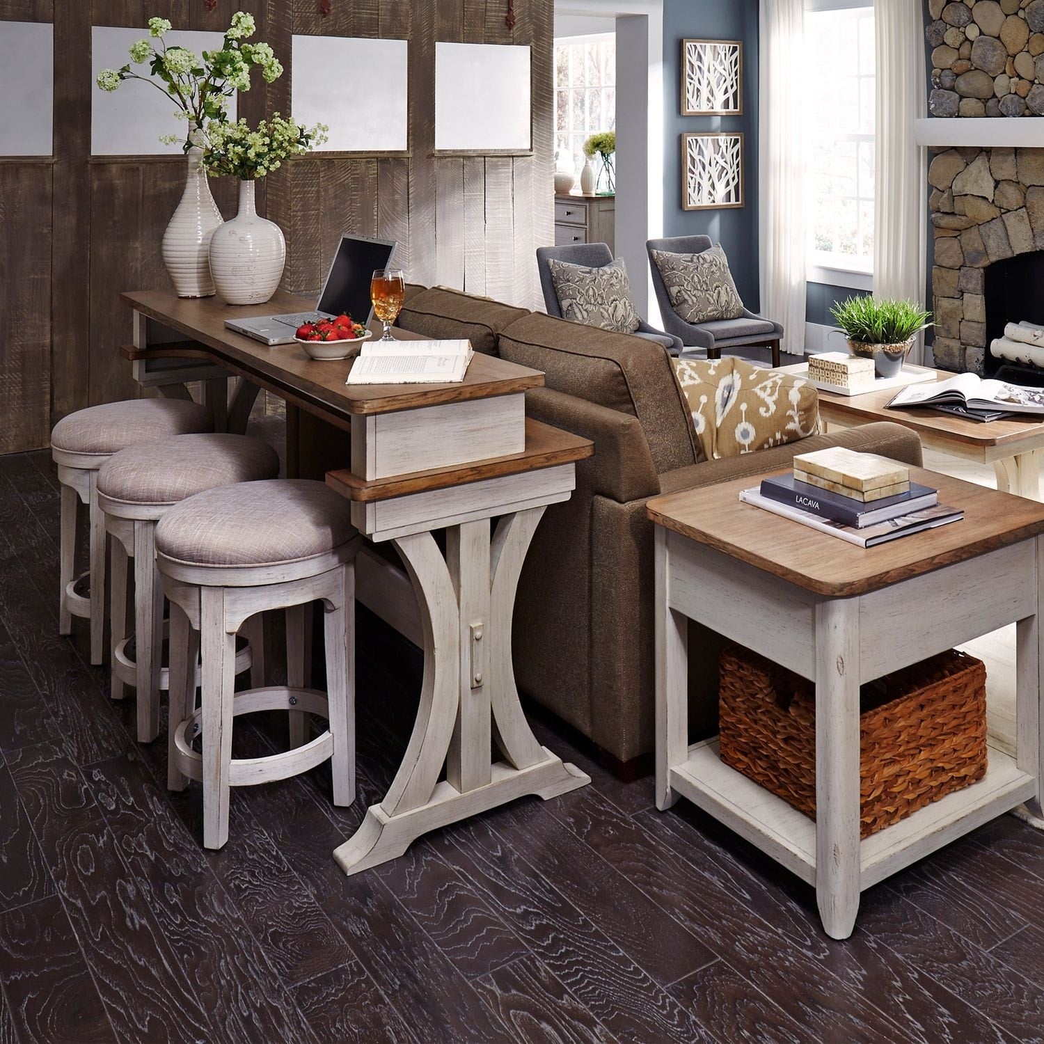 Farmhouse Reimagined Antique White And Chestnut 4 Piece Bar Table Set