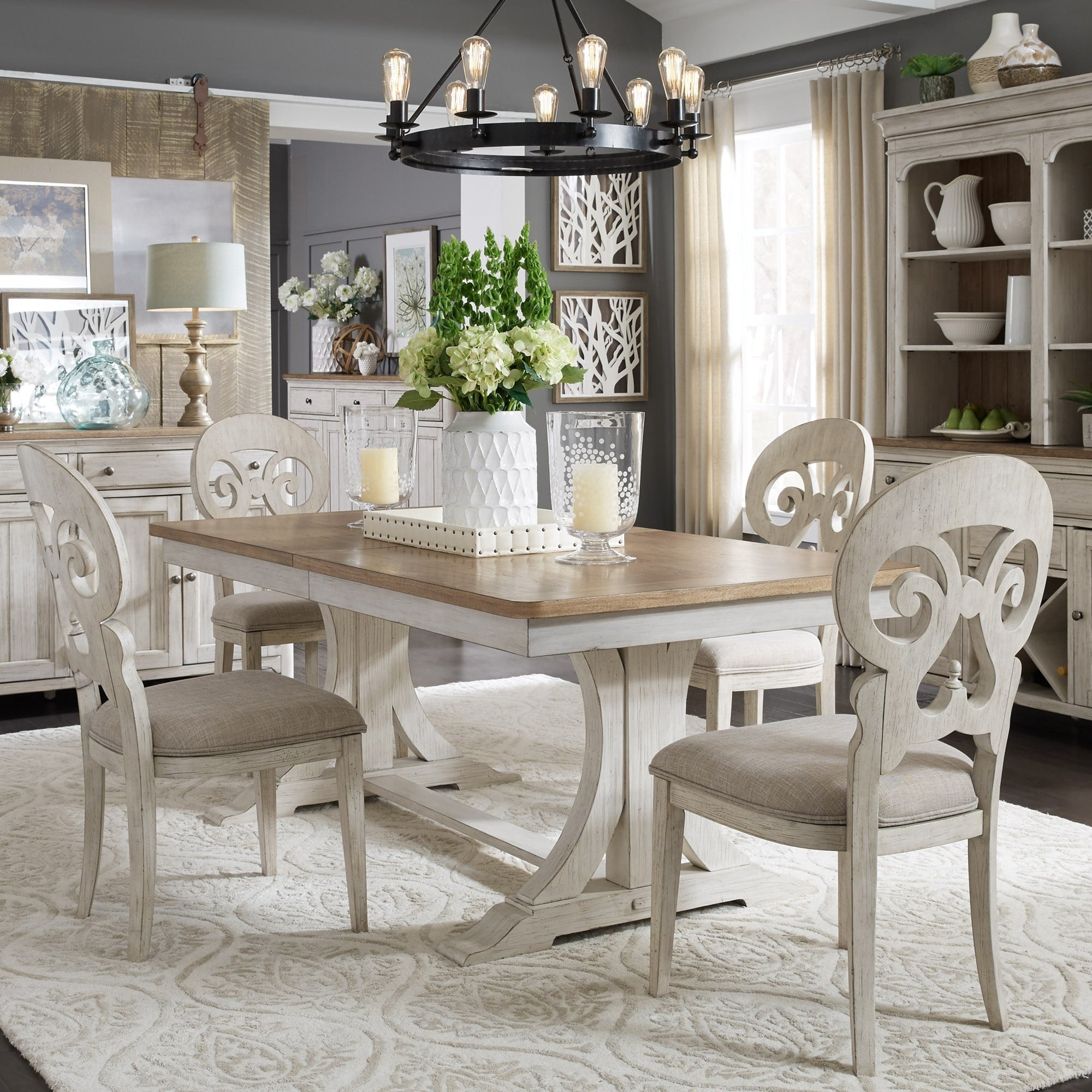 Farmhouse Reimagined Antique Two Toned 5 Piece Trestle Table Dining Set