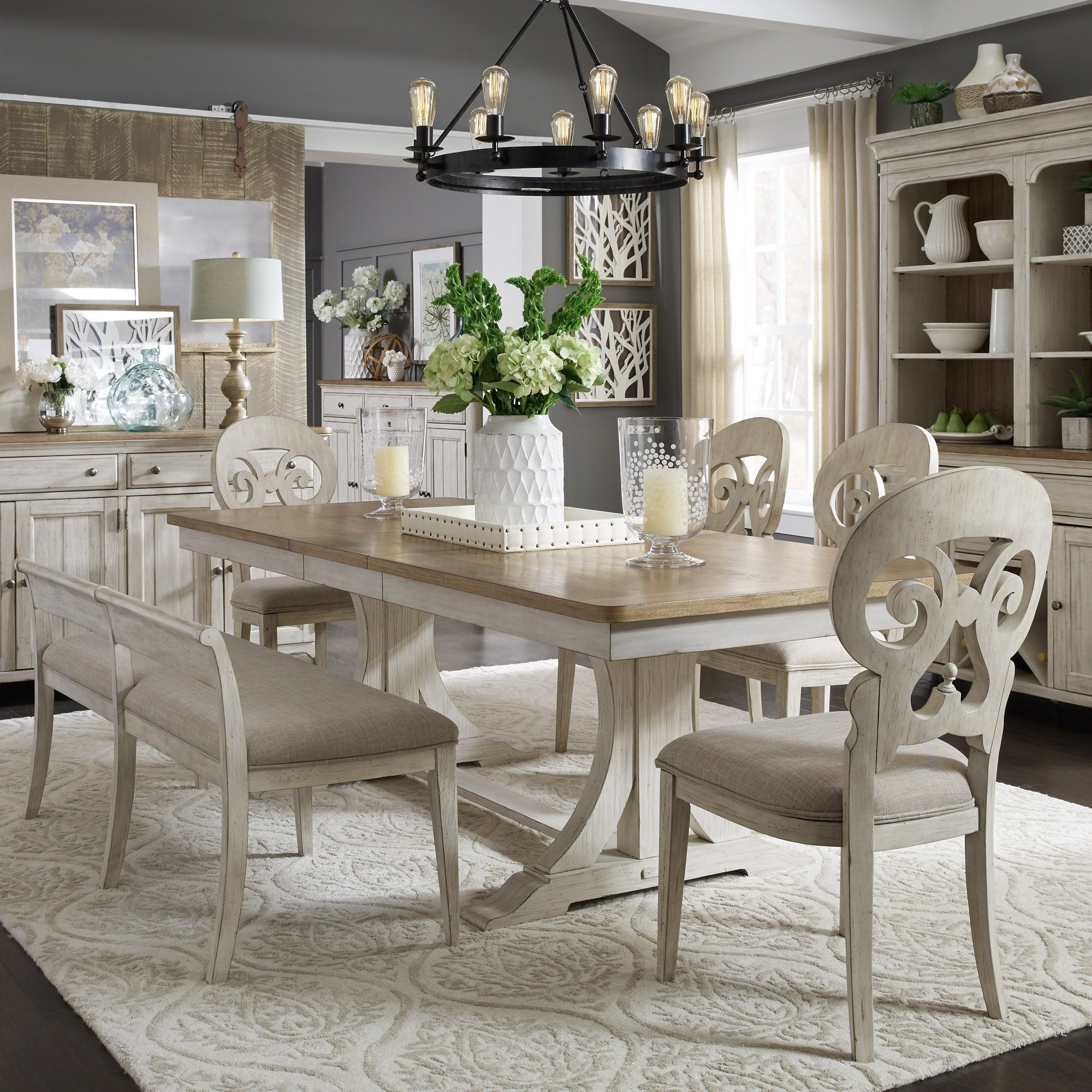 The Gray Barn Willow Valley Antique White Chestnut 6 Piece Trestle Dining Table Set