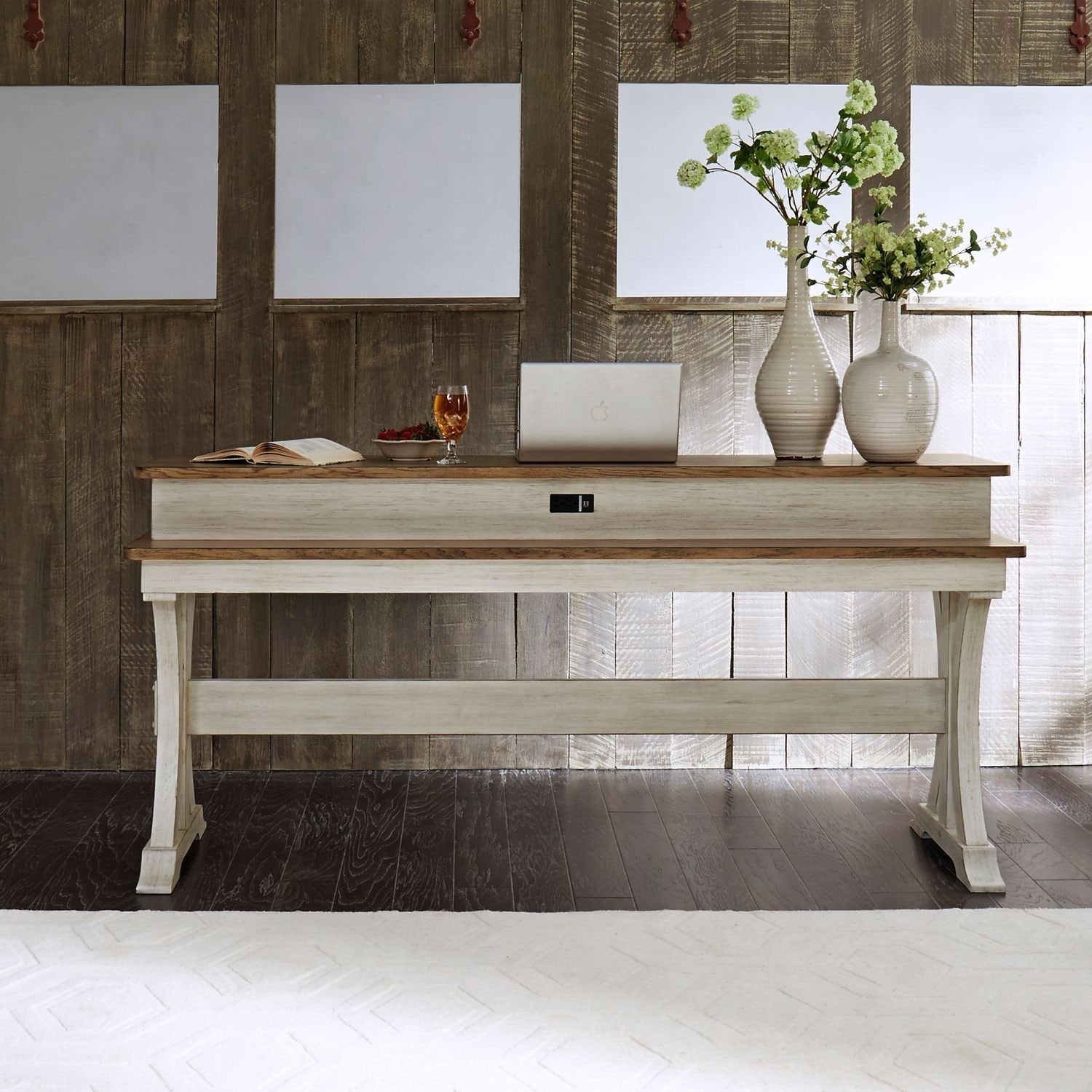 Farmhouse Reimagined Antique White And Chestnut Console Bar Table