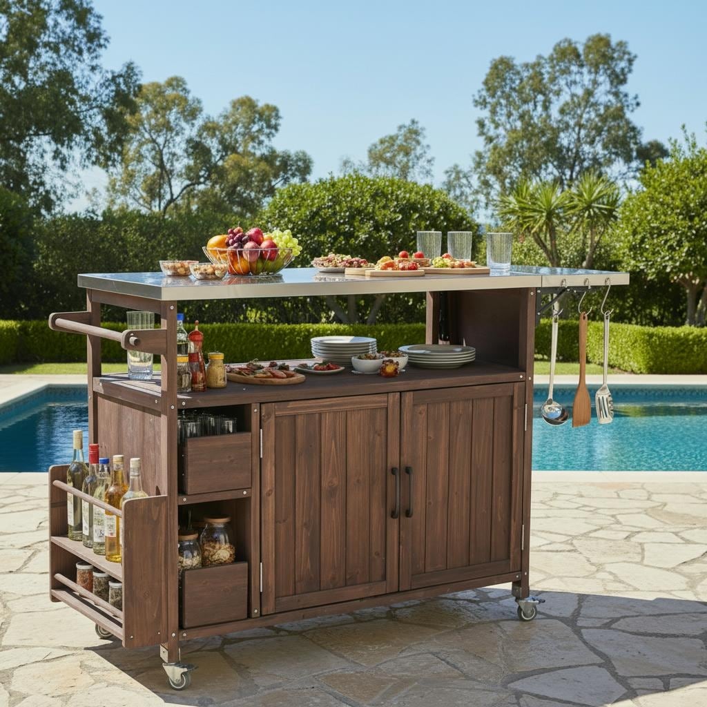 Farmhouse Rolling Kitchen Cart With Stainless Top Spice Rack For Bbq