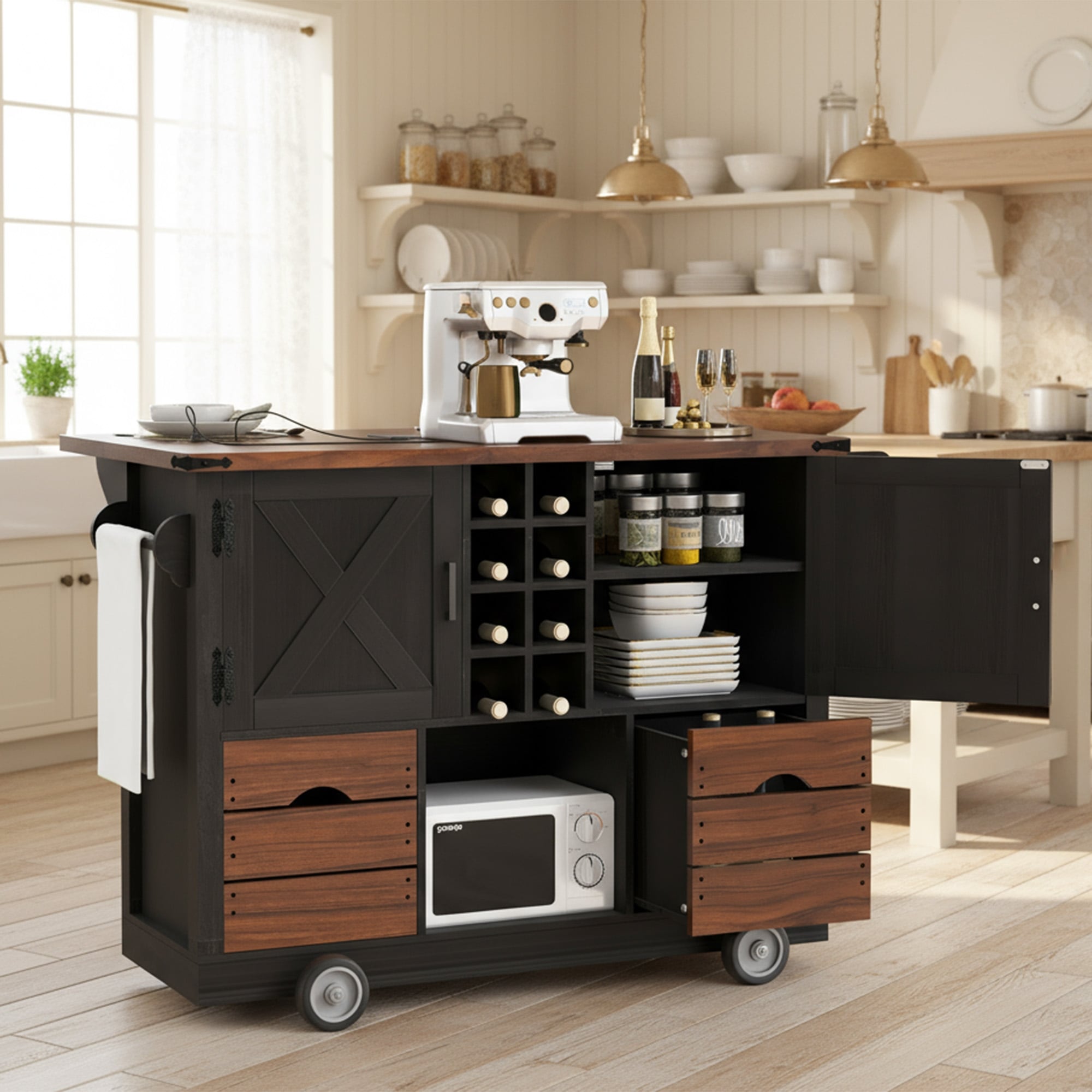 Farmhouse Rolling Kitchen Island With Drop Leaf Charging Station Kitchen Cart With Wine Rack 2 Cabinets