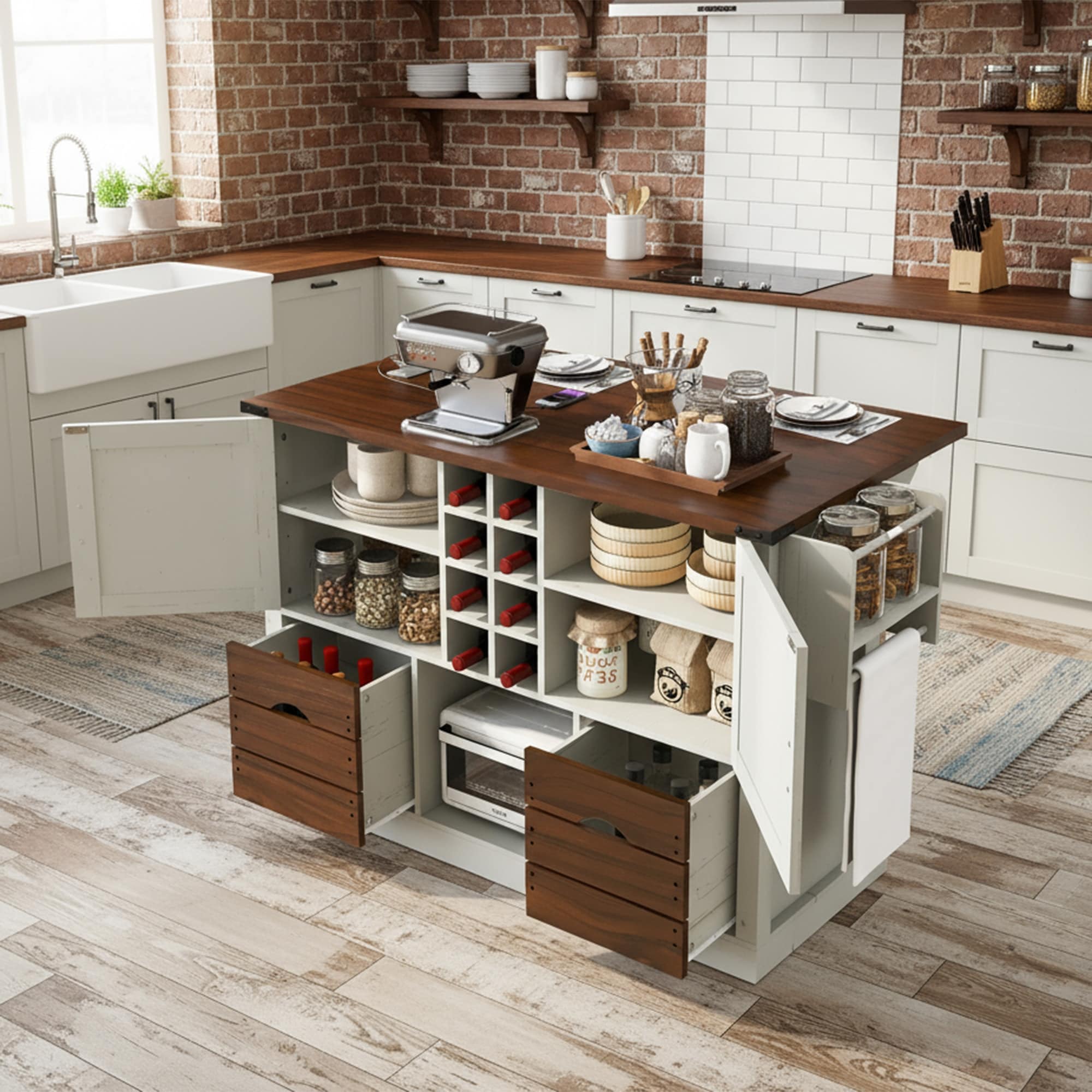 Farmhouse Rolling Kitchen Island With Drop Leaf Charging Station White Kitchen Cart With Wine Rack 2 Cabinets