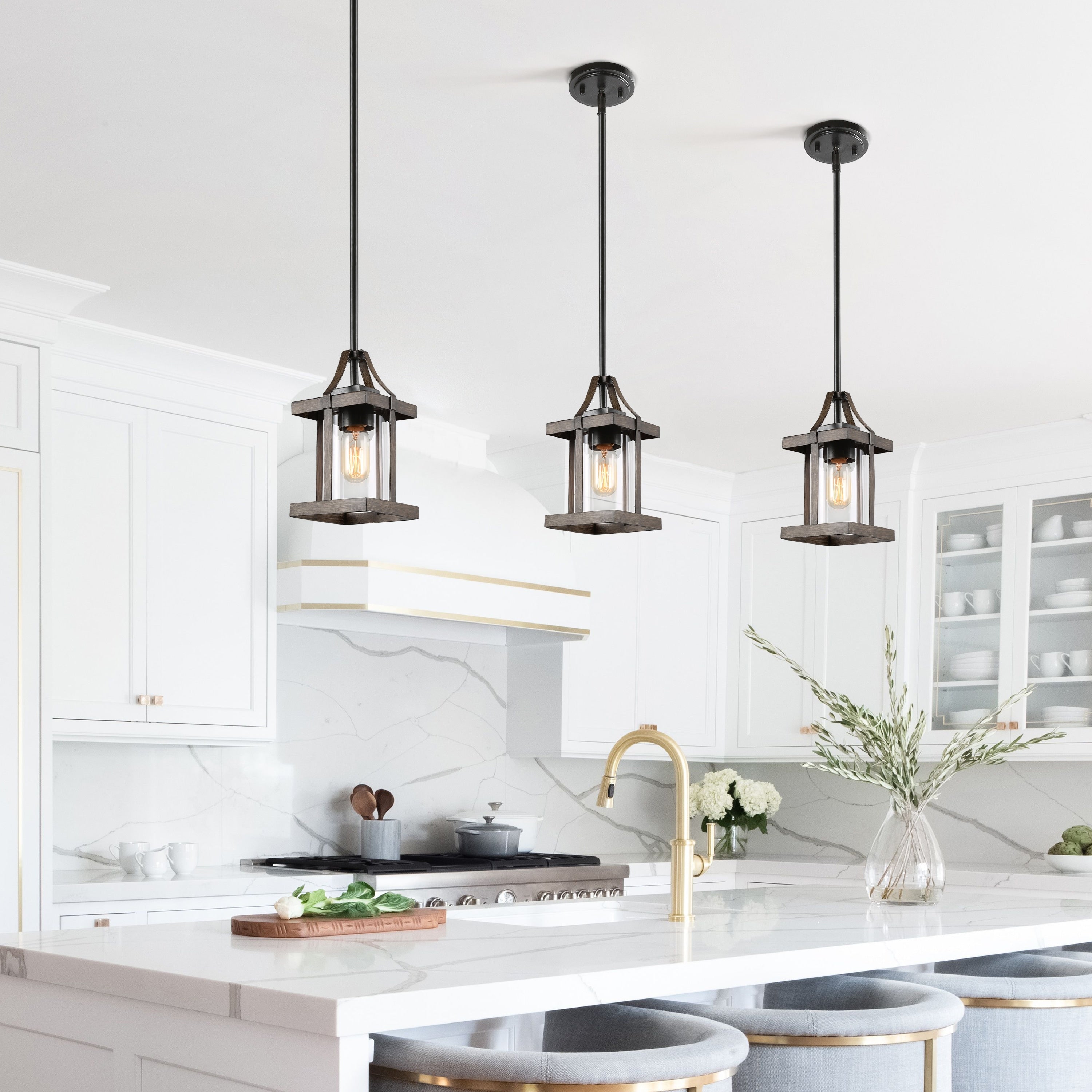 Antique Rust Faux Wood Finish Pendant Lights With Glass Shade W5.5 Xh10.3