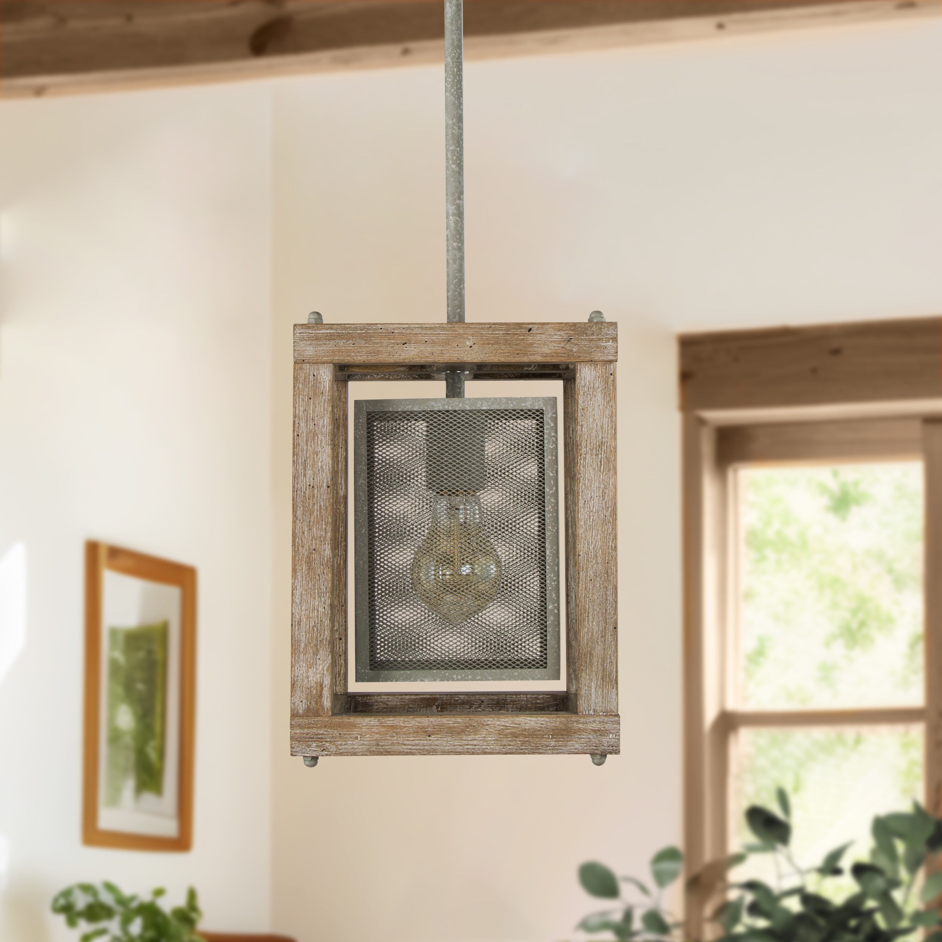 Antique Metal And Wood Finish Pendant Foyer Lighting L7.9 Xw7.9 Xh10.6