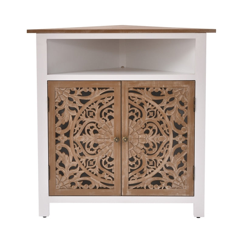 Farmhouse Rustic White 2 Door Corner Cabinet With Hand Carved Detailing Storage Shelf 32 In. H