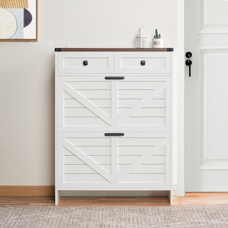 Farmhouse Shoe Cabinet With 2 Flip Drawers And 2 Storage Drawers Slim Entryway Shoe Storage Cabinet Narrow Shoe Organizer