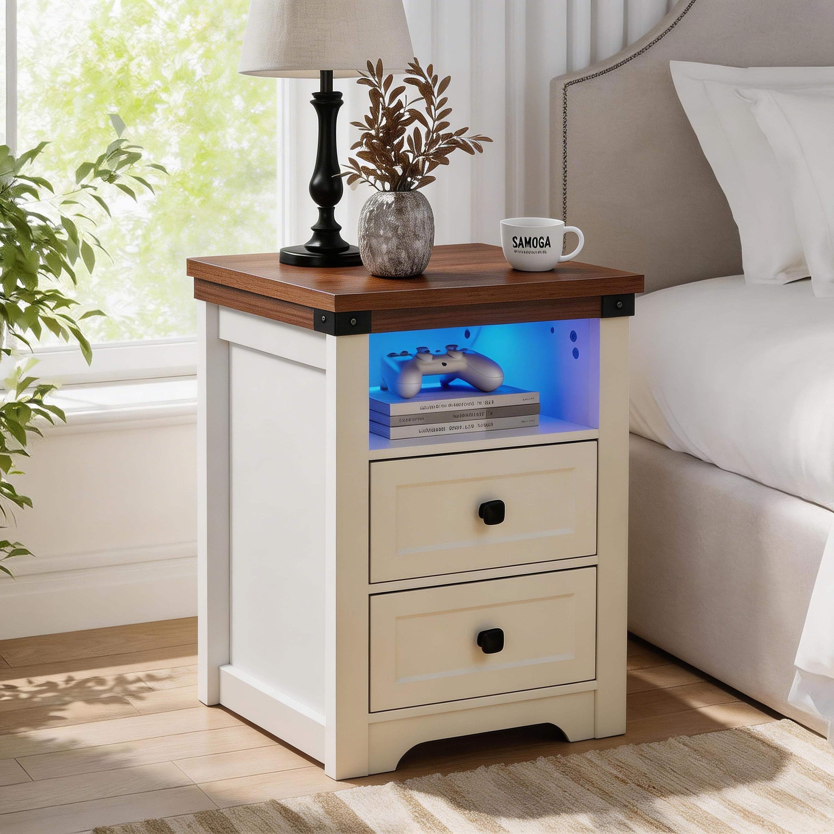 Farmhouse Side Table With Charging Station Antique Nightstands With Drawers Bedside Table With Open Shelf For Bedroom