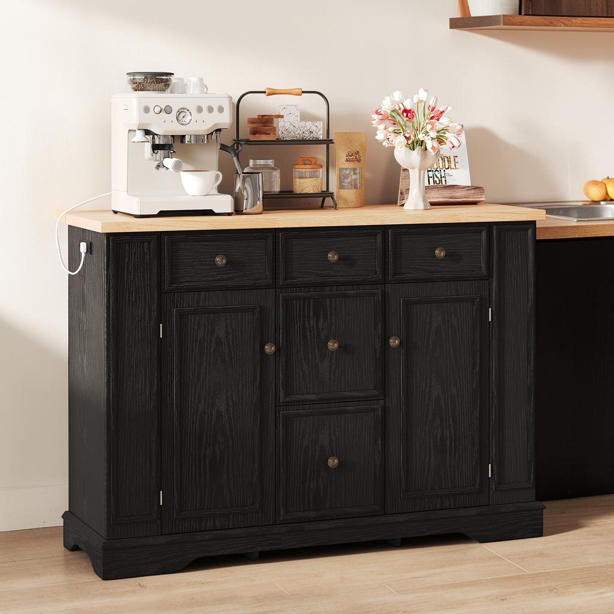 Farmhouse Sideboard Buffet Cabinet With 5 Drawers 2 Doors Adjustable Shelves And Storage Console Table