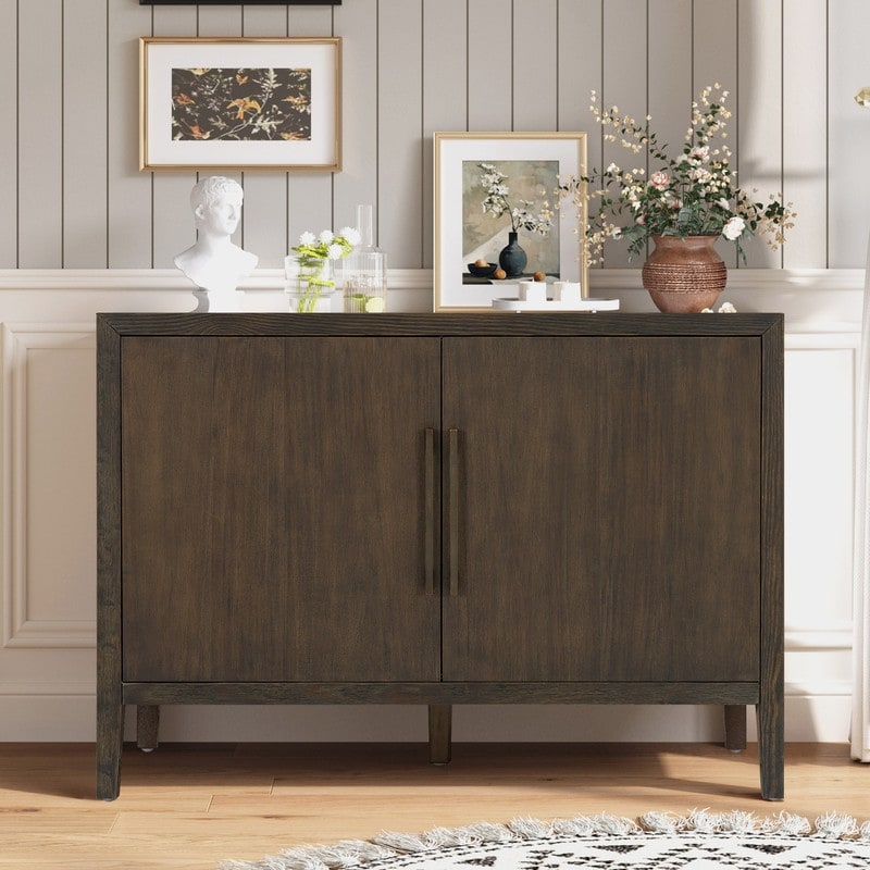 Farmhouse Sideboard Cabinet Stylish Pine Veneer Design With Double Doors And Adjustable Feet For Storage