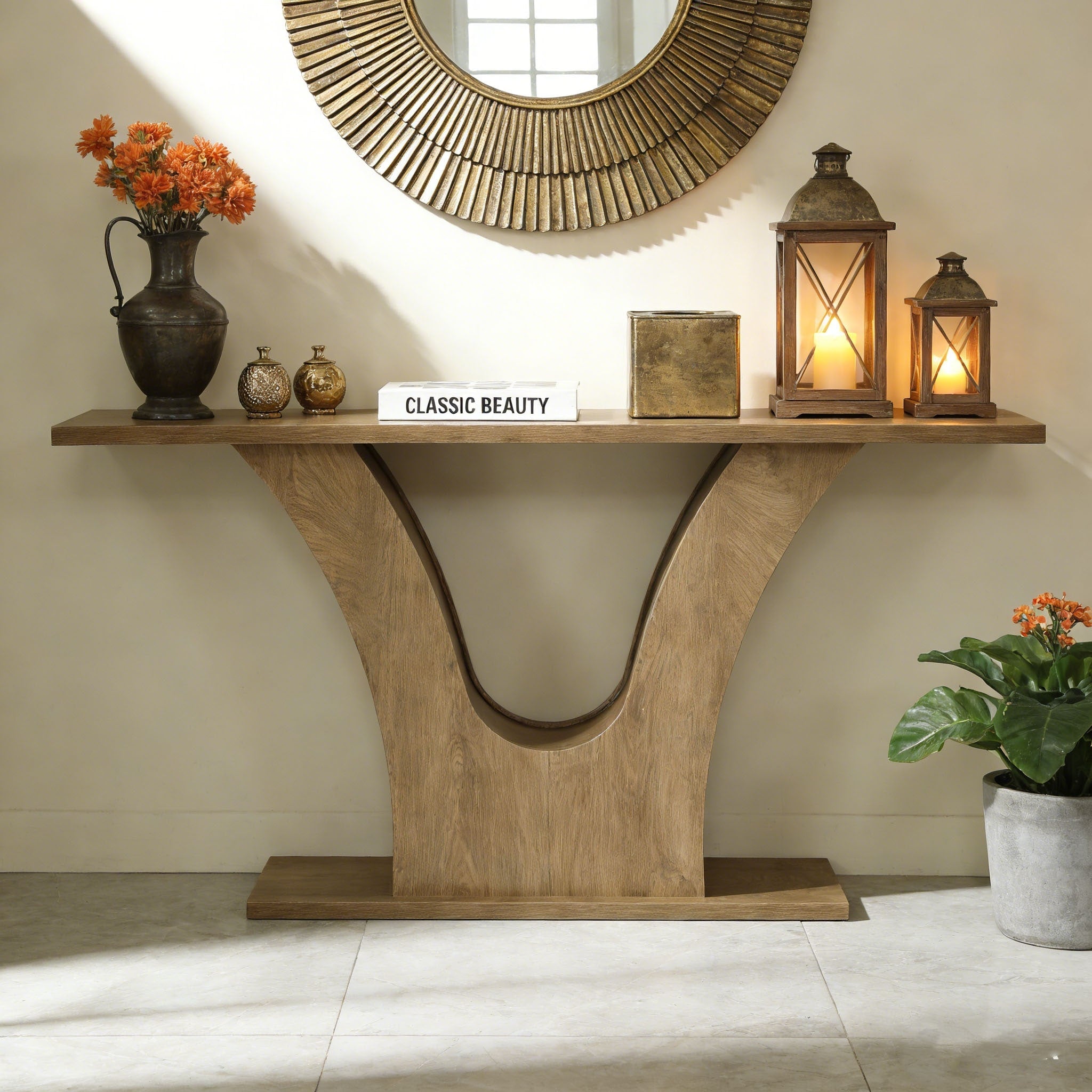 Farmhouse Sofa Table Behind Couch With Curved U Shaped Base