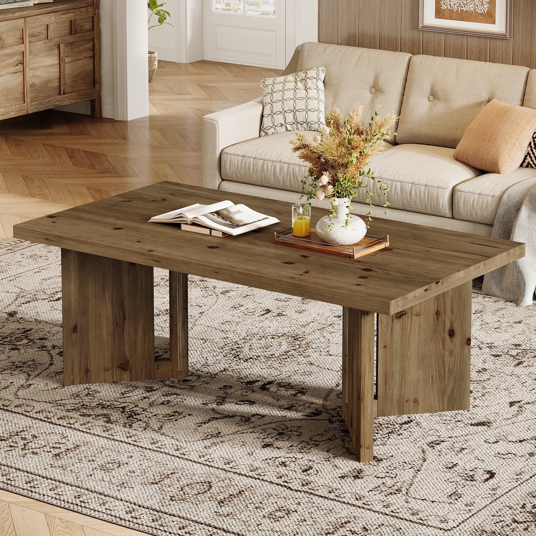 Farmhouse Solid Wood Rectangle Coffee Table Living Room Center Tea Accent Table