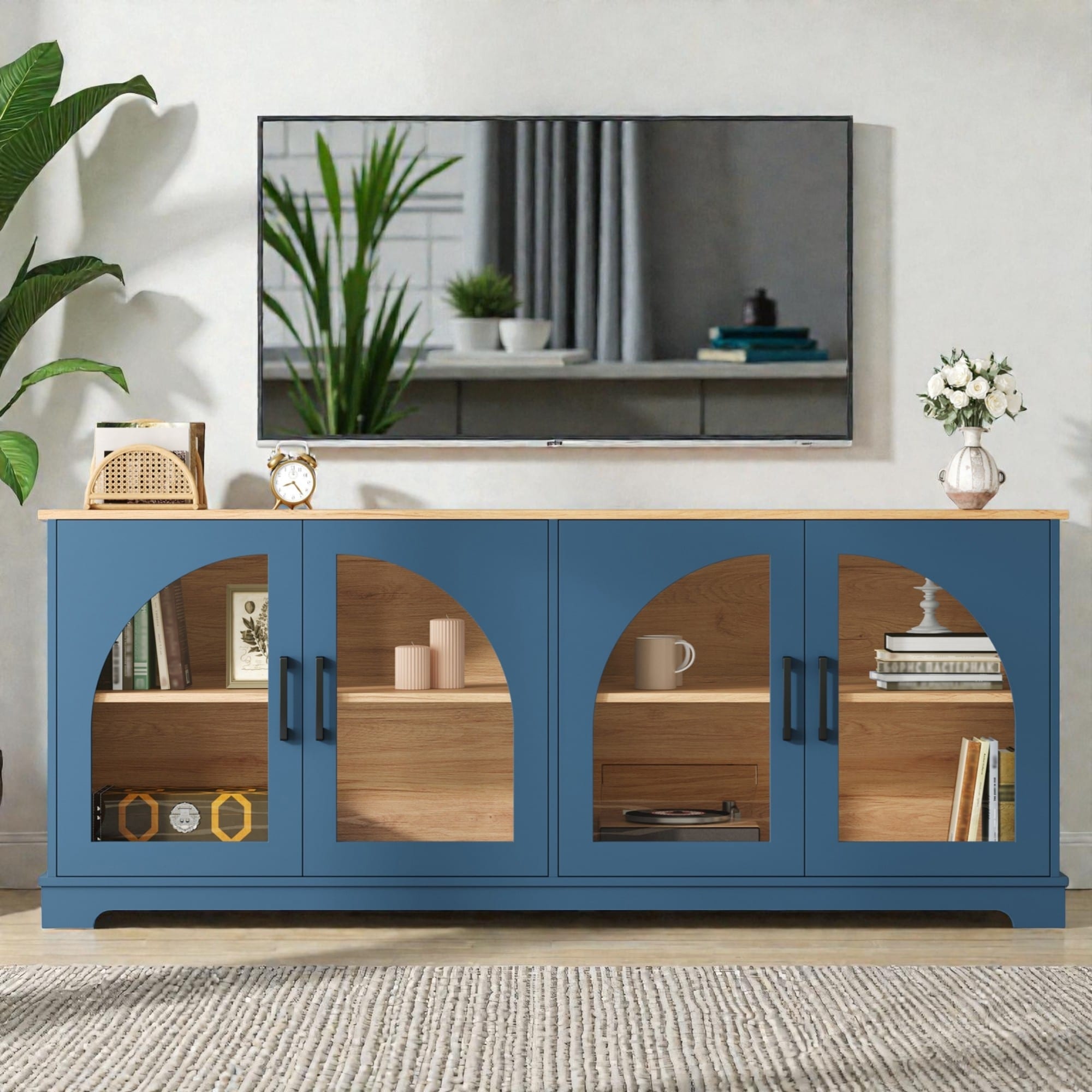 Farmhouse Tv Stand For Tvs Up To 70 Inch With Arched Glass Doors Two Tone Wood Grain Media Console With Shelves