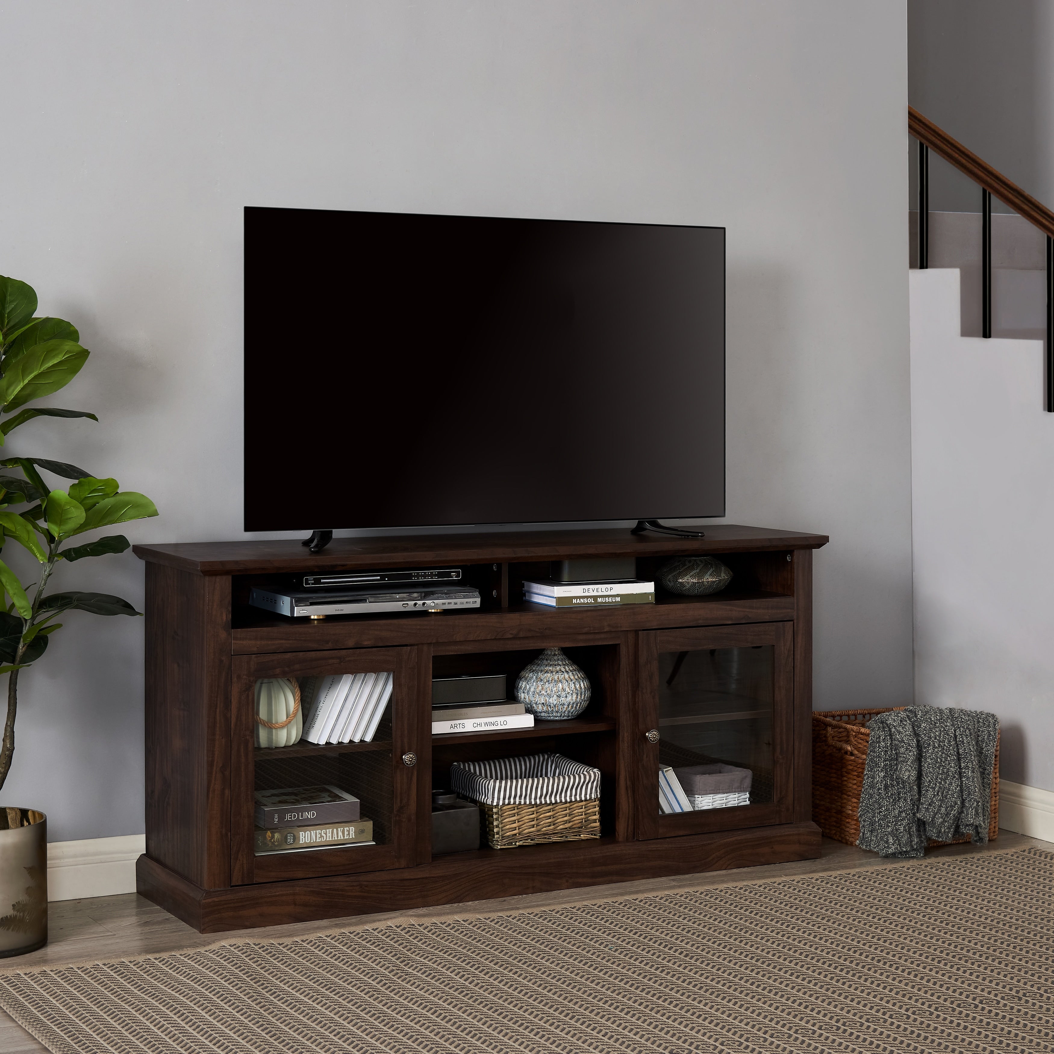 Farmhouse Tv Stand For Up To 65 Inch Tvs Large Wooden Entertainment Center Media Console Table With Glass Doors Open Shelf