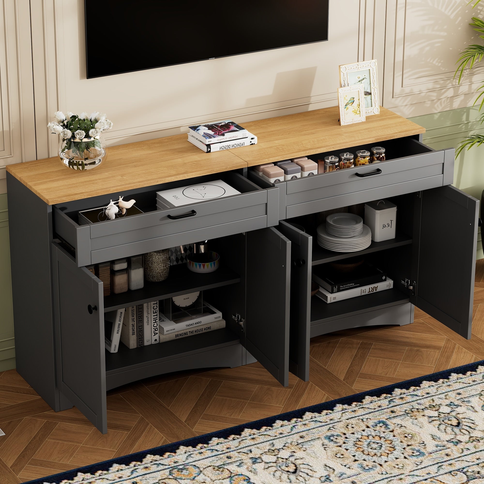 Farmhouse Tv Stand With Drawers And Adjustable Shelves For 70 Inch Tvs