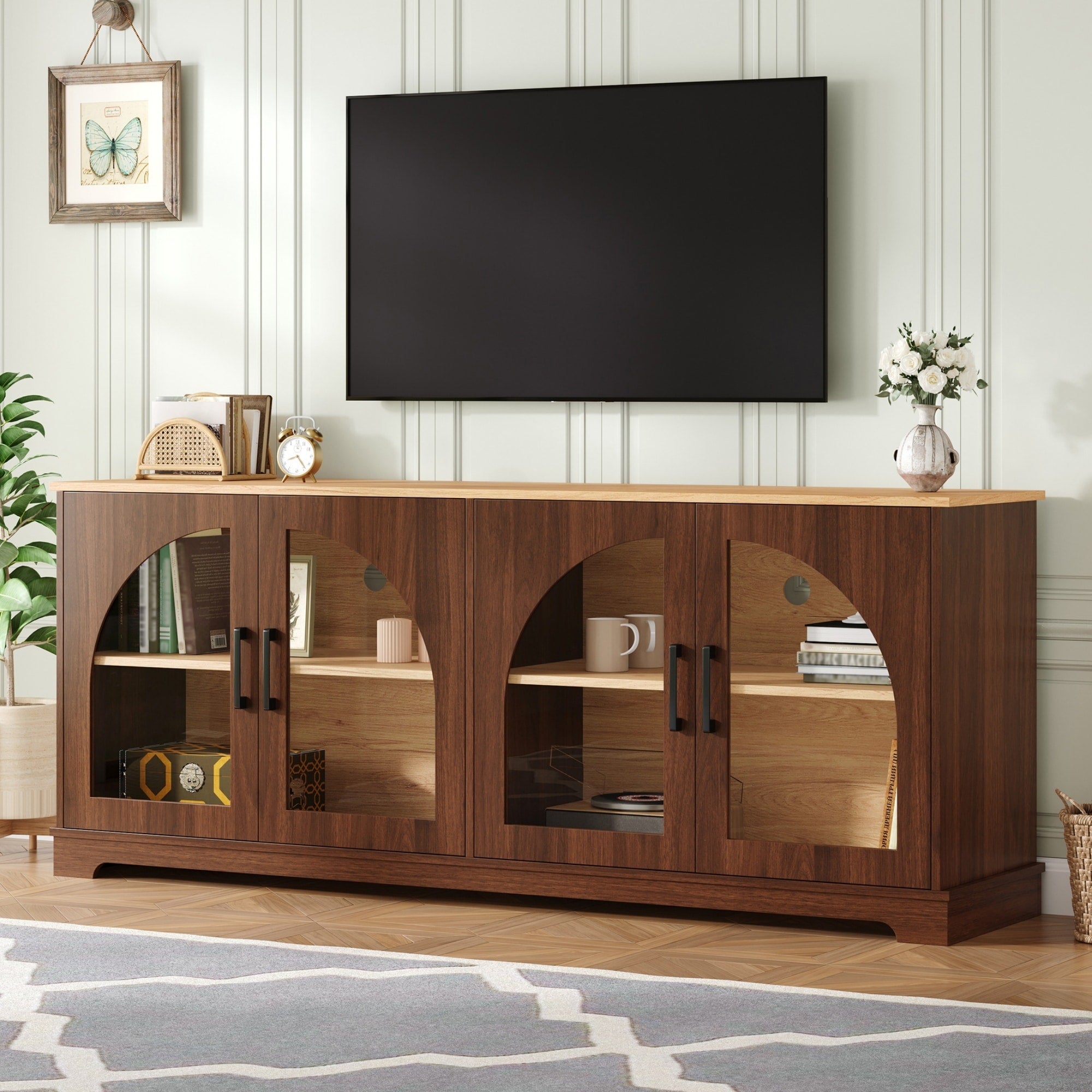 Farmhouse Tv Stand With Semi Arched Glass Doors For Tvs Up To 70 Adjustable Shelves Wood Grain Sideboard With Cable Management