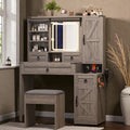 Farmhouse Vanity Desk With Sliding Led Mirror And Lights Glass Top Vanity Set With Charging Station
