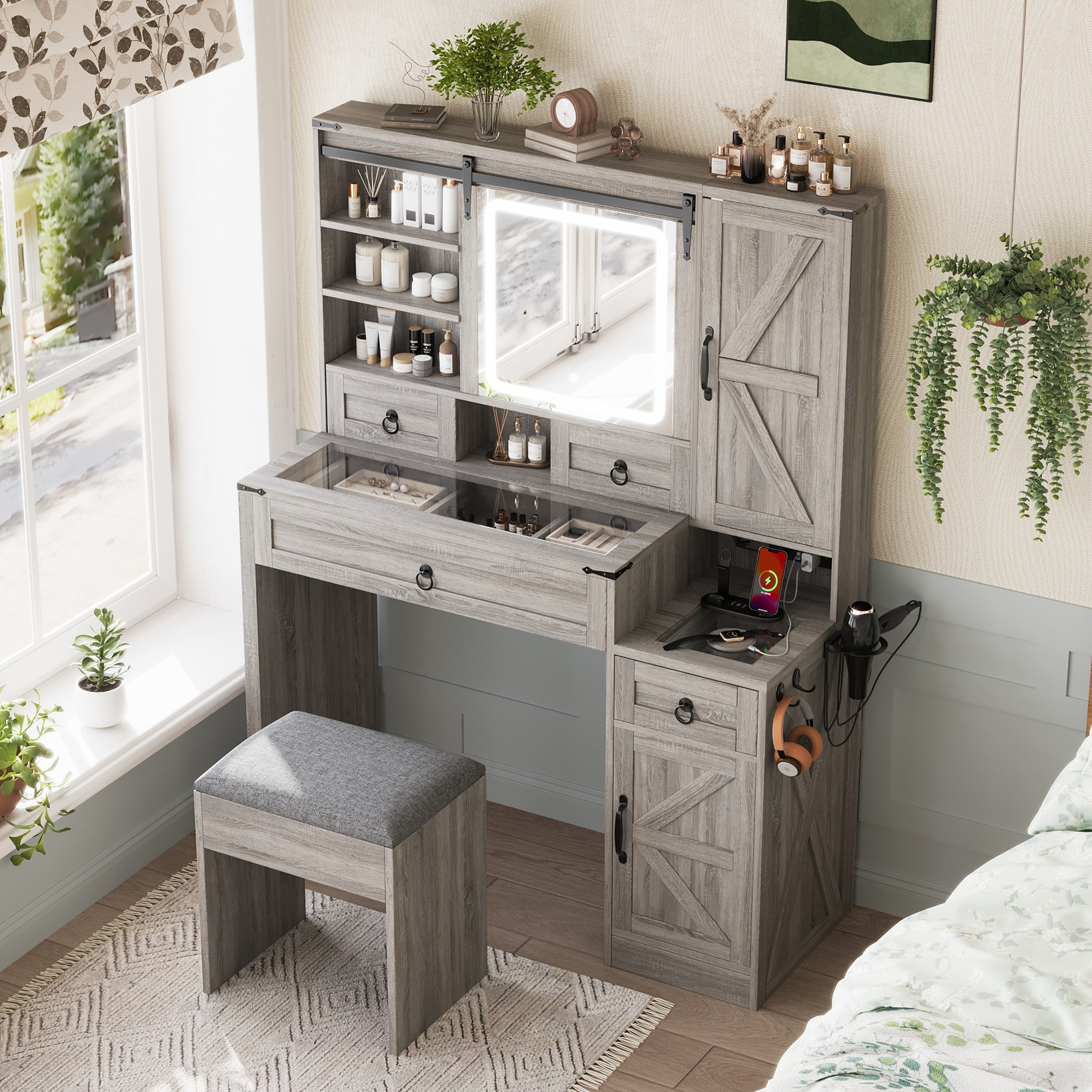 Farmhouse Vanity Desk With Sliding Mirror And Lights Vanity Set With Glass Top And Charging Station