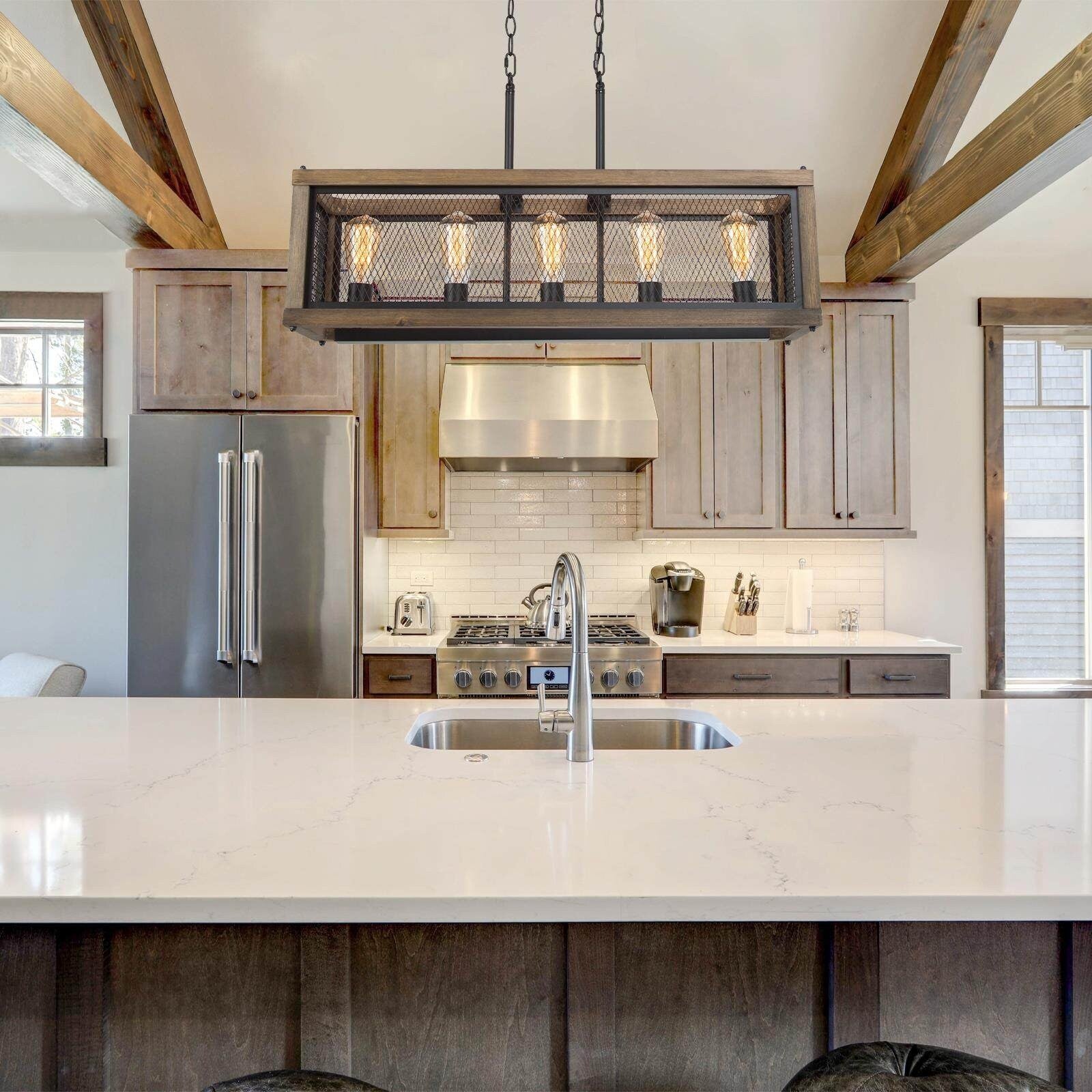 Farmhouse 5 Light Wire Gauze And Wood Chandeliers Kitchen Island Dining Room Lighting L31.5 Xw10 Xh10
