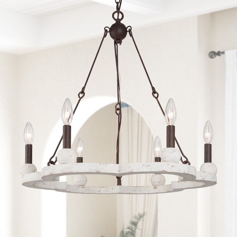 Modern Contemporary Candle Chandelier Lighting Antique Wood Wagon Wheel Pendant L 23.6 X W 23.6 X H 22.8