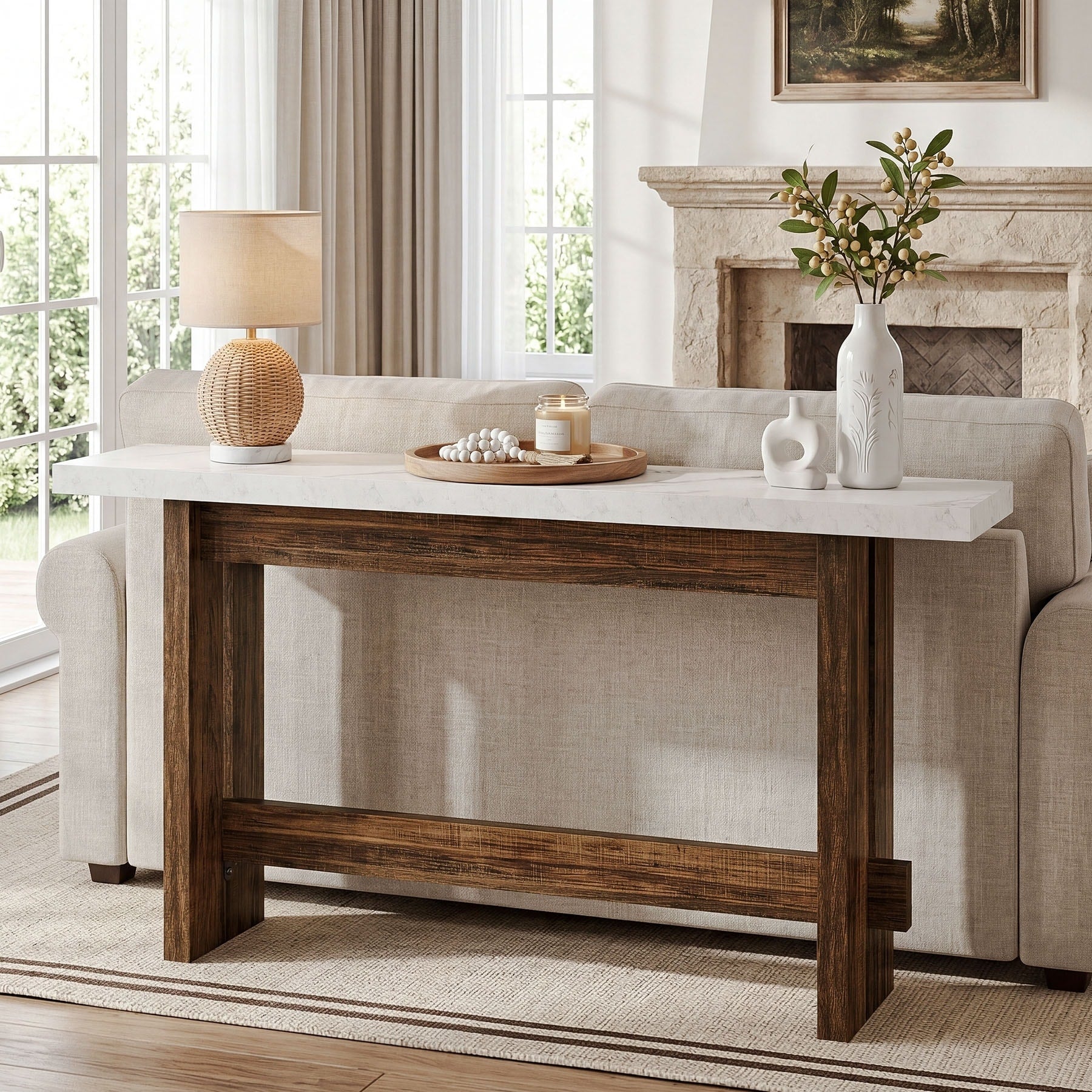 Farmhouse Wood Console Table 63 Entryway Table With Faux Marble Top