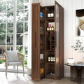 Farmhouse Wood Kitchen Pantry Cabinet With Pull Out Multi Tier Storage And Glass Doors Walnut By Gdfstudio