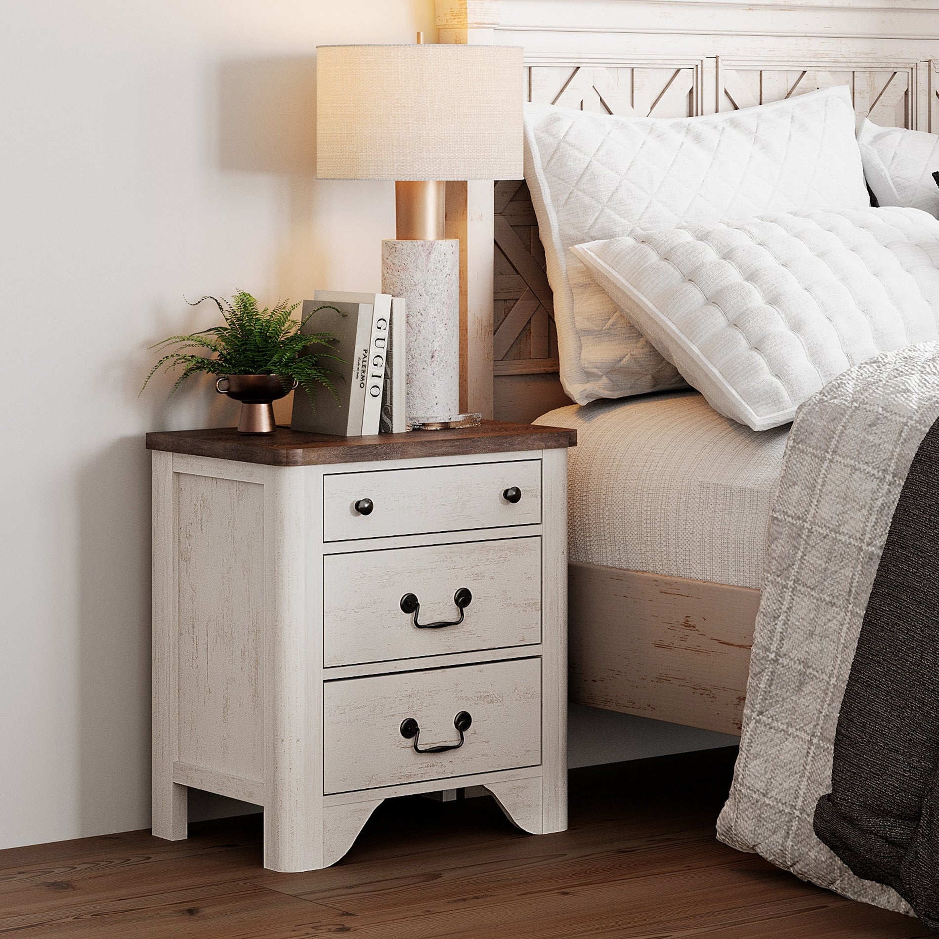 Farmhouse Wood Nightstand Built In Charging Station And Drawer Night Stand For Bedroom