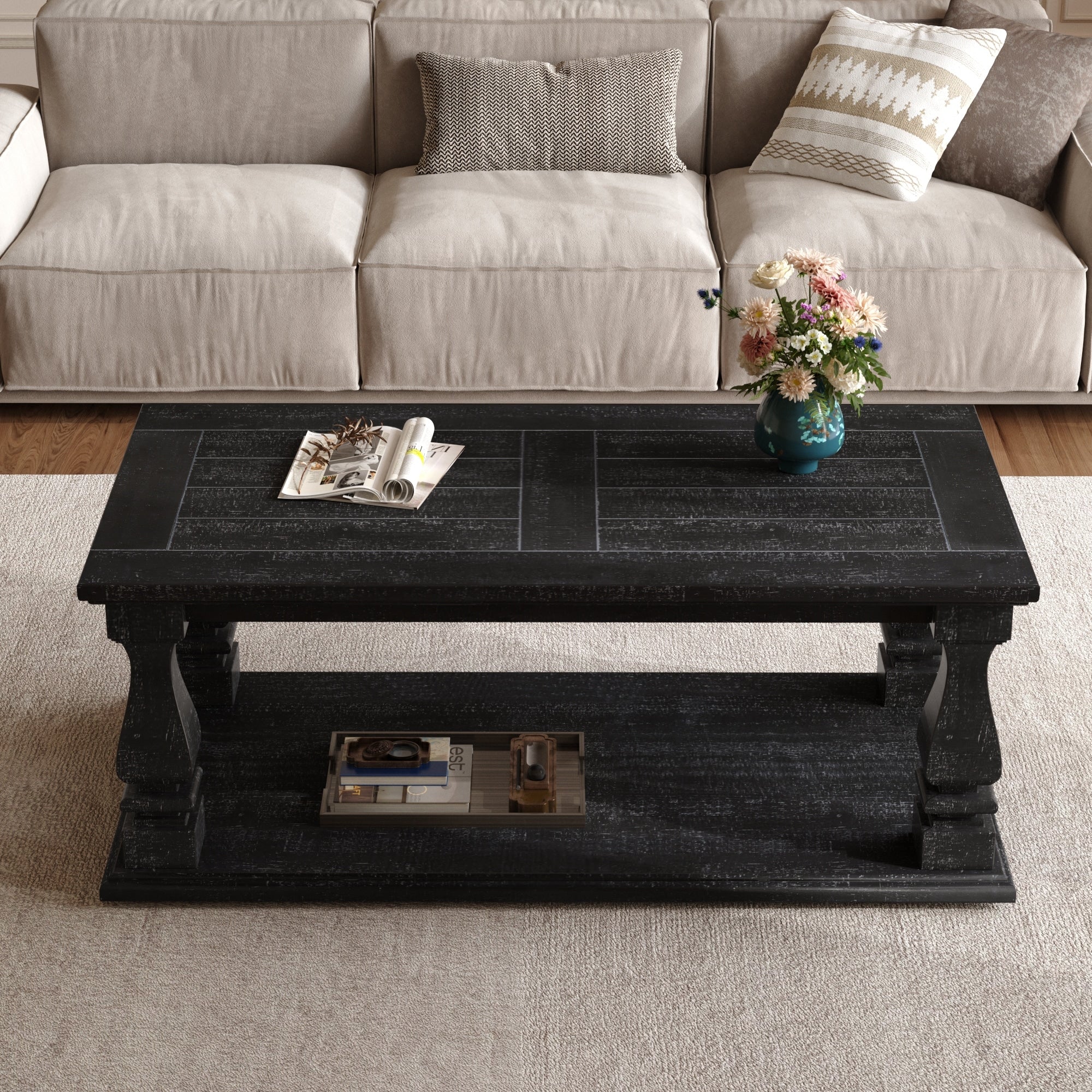 Farmhouse Wooden Coffee Table With Storage Shelf And Square Baluster Legs Antique Black By Gdfstudio