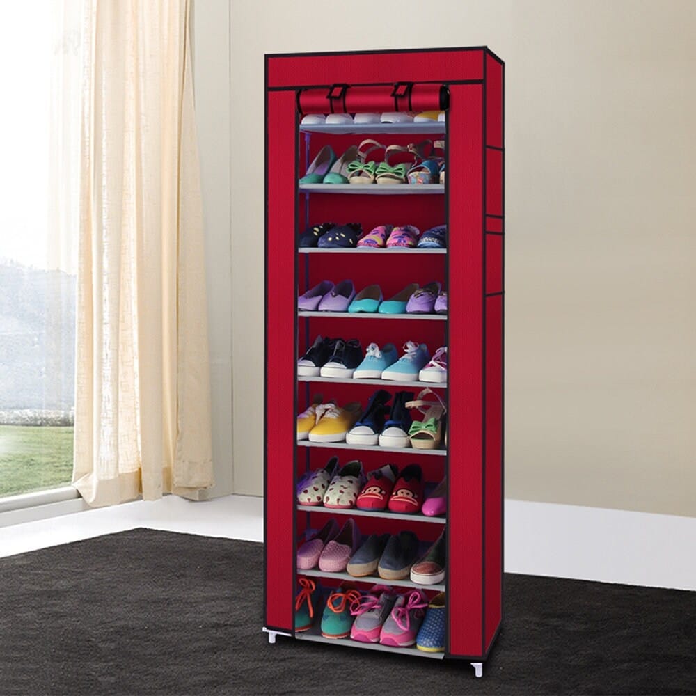 Fashionable Room Saving 9 Lattices Non Woven Fabric Shoe Rack Wine Red