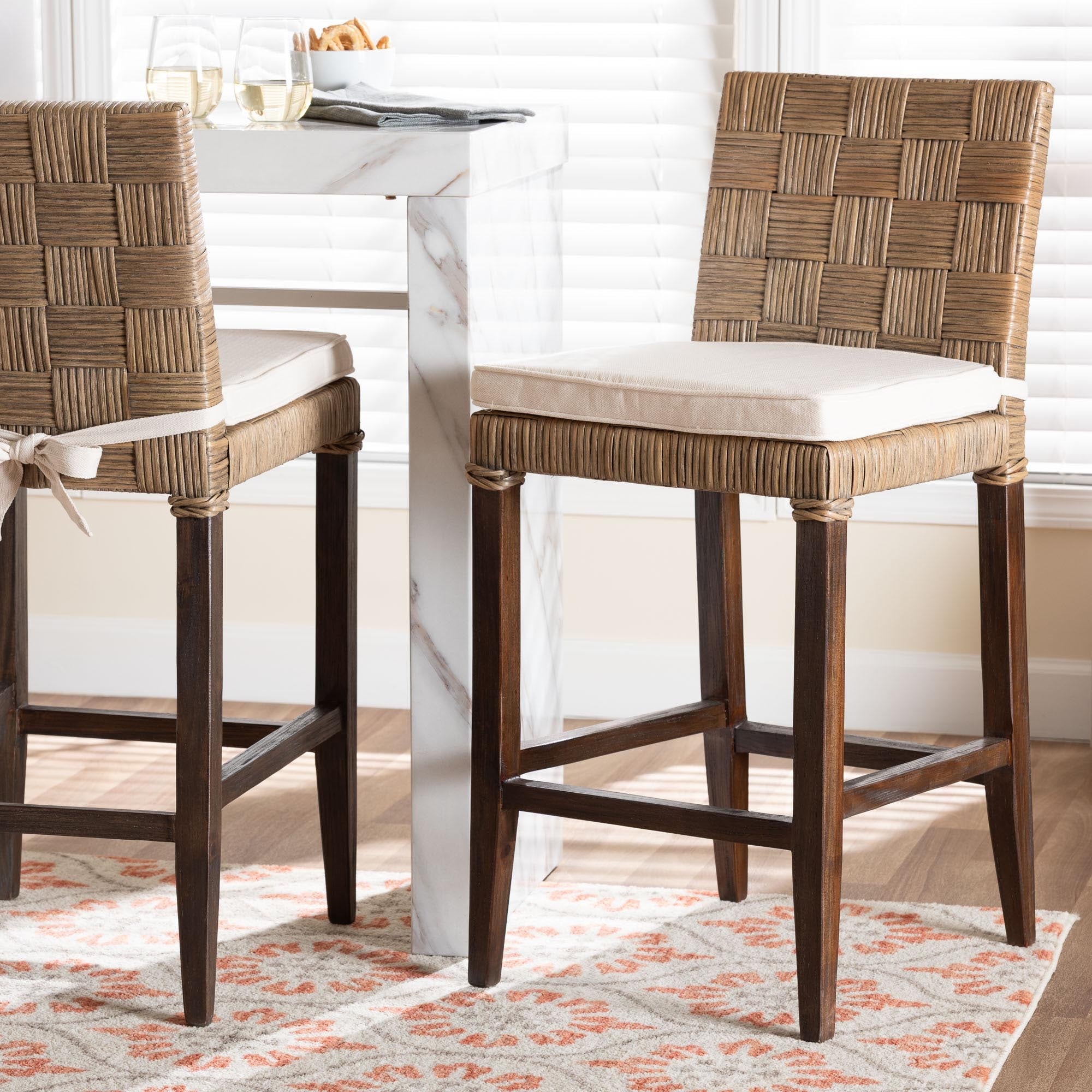 Fatima Natural Rattan Counter Stool With Cushion Handwoven Wicker Stool With Basketweave Back And Seat Coastal Boho Seating