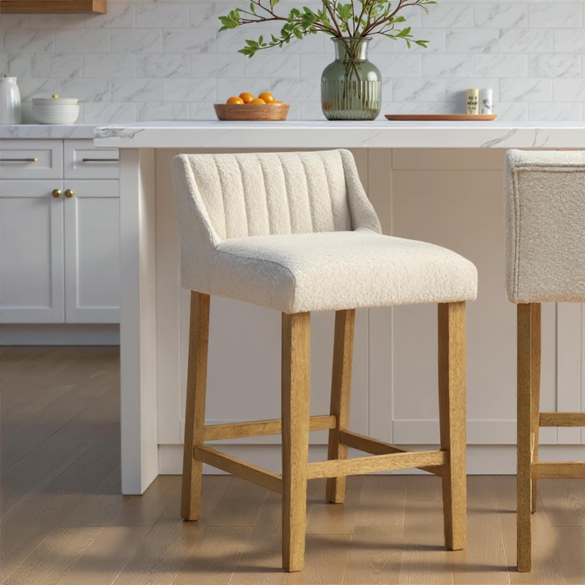 Fauna Low Back Boucle Bar Stool Upholstered Counter Height Kitchen Barstool With Wood Legs