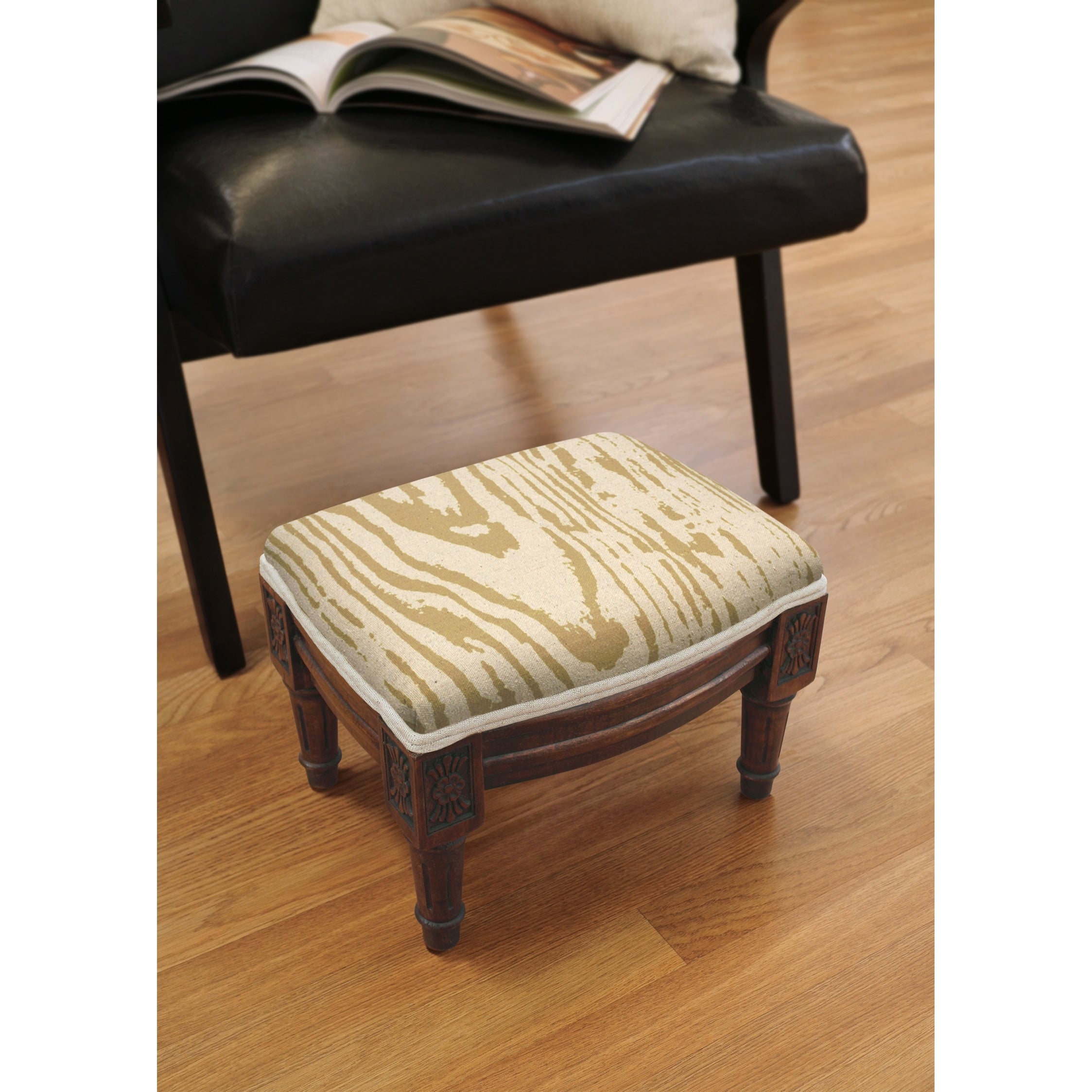 Faux Bois Tan Green Wooden Fabric Footstool With Nail Heads
