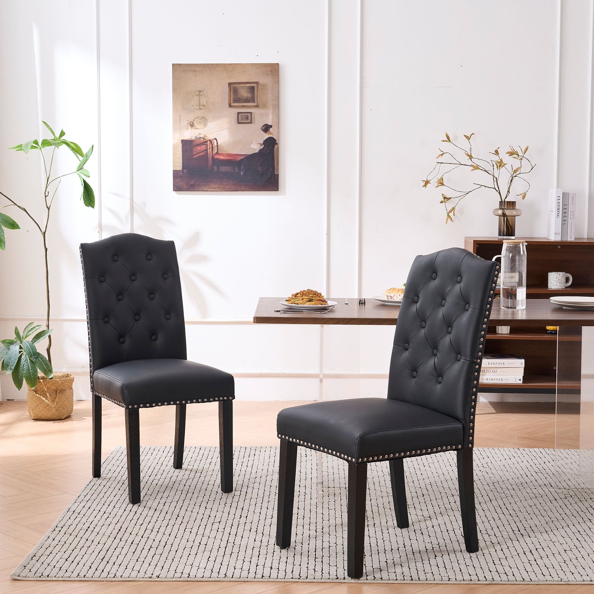 Faux Leather Dining Chair With Elegant Nailhead Accents Diamond Button Tufted Back Set Of 2