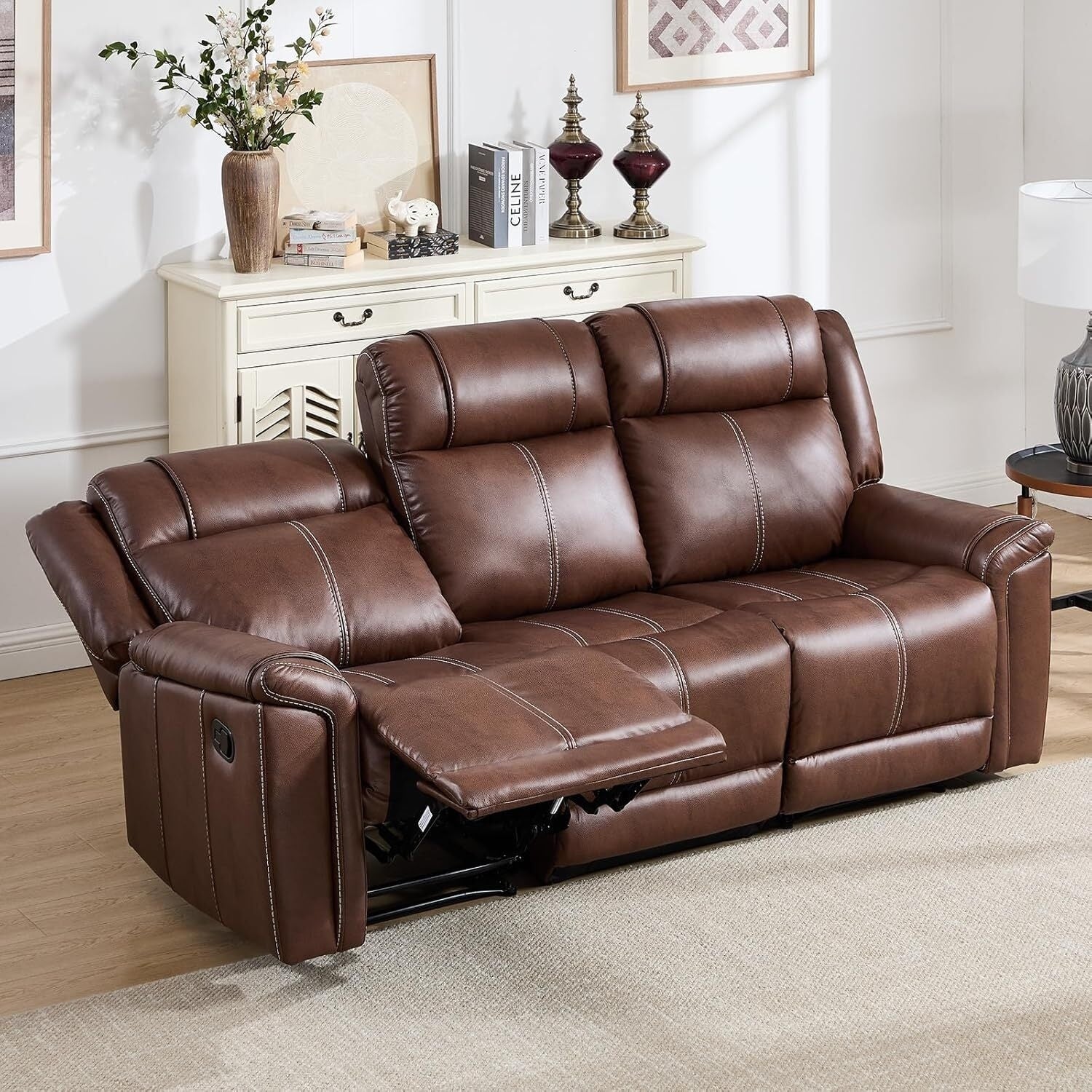 Faux Leather Recliner 3 Seat Couch Manual Reclining Sofa Mid Century Modern 3 Seater Chair For Living Room