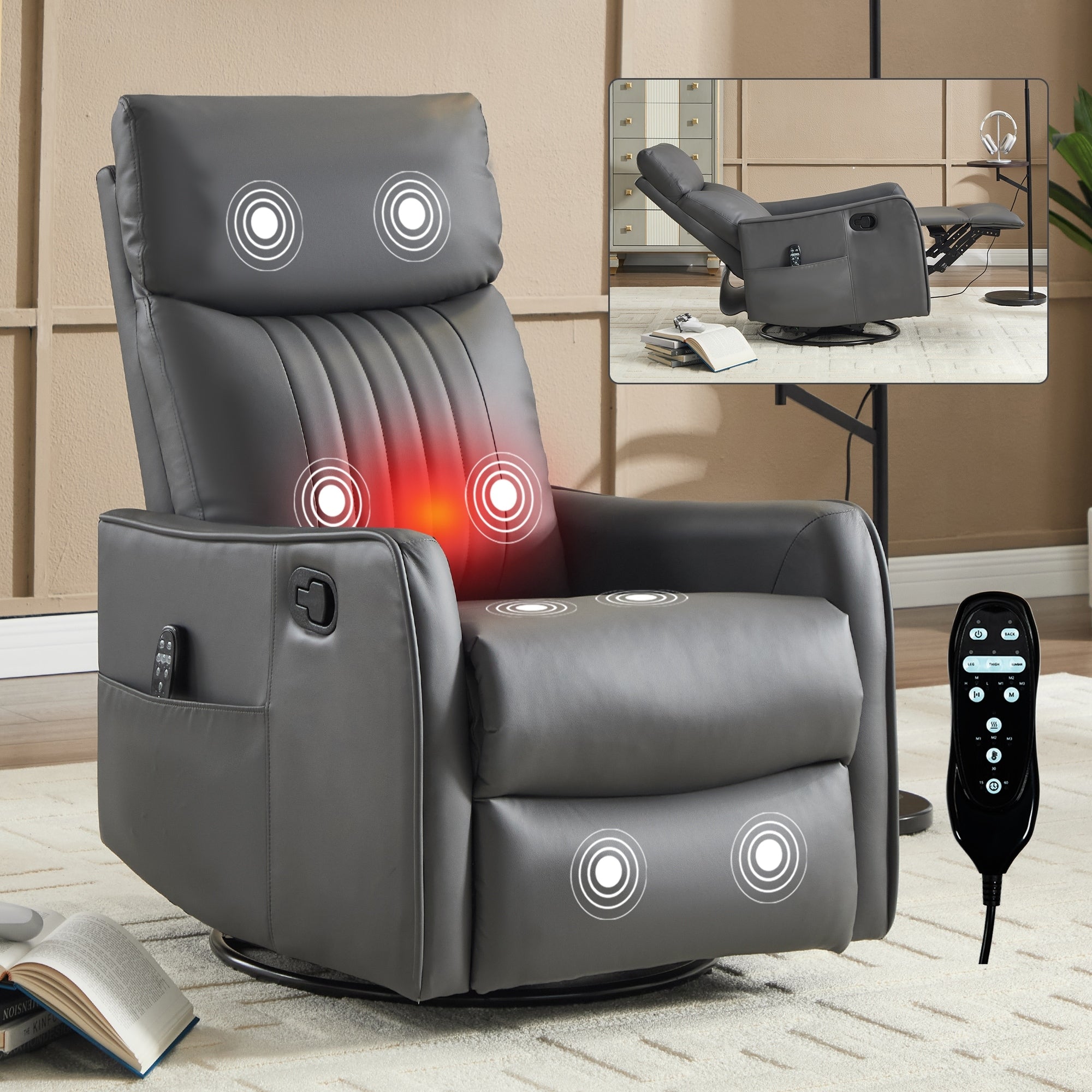 Faux Leather Recliner With Massage Heat Rocker And 360 Degree Swivel