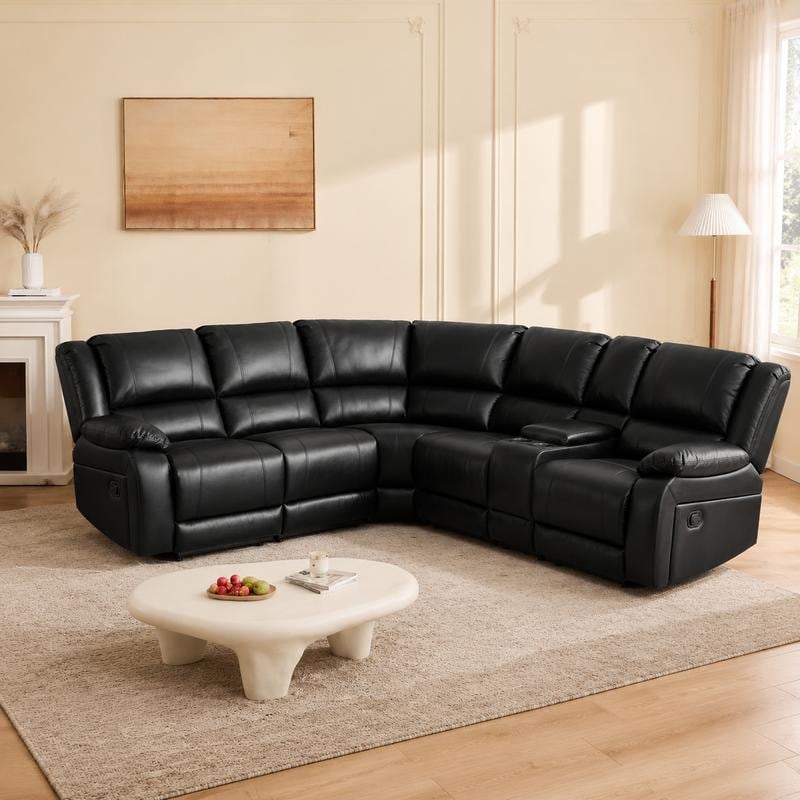Faux Leather Reclining Sectional Sofa With Multi Function Console Living Room Set